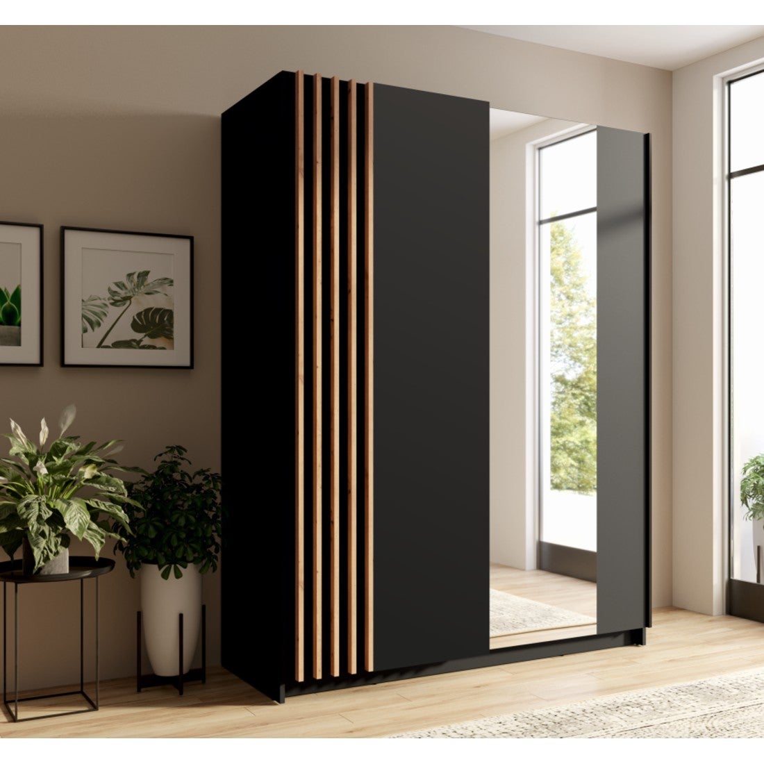 Armoire 2 portes coulissantes 150 cm - noir et chêne - Collection VARIA - 5