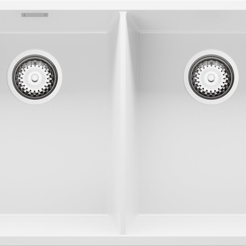 Zlewozmywak podblatowy Biały 76x47cm, Zlew Kuchenny 2 Komorowy + Syfon, do szafki od 80cm - Londyn Twin PRIMAGRAN