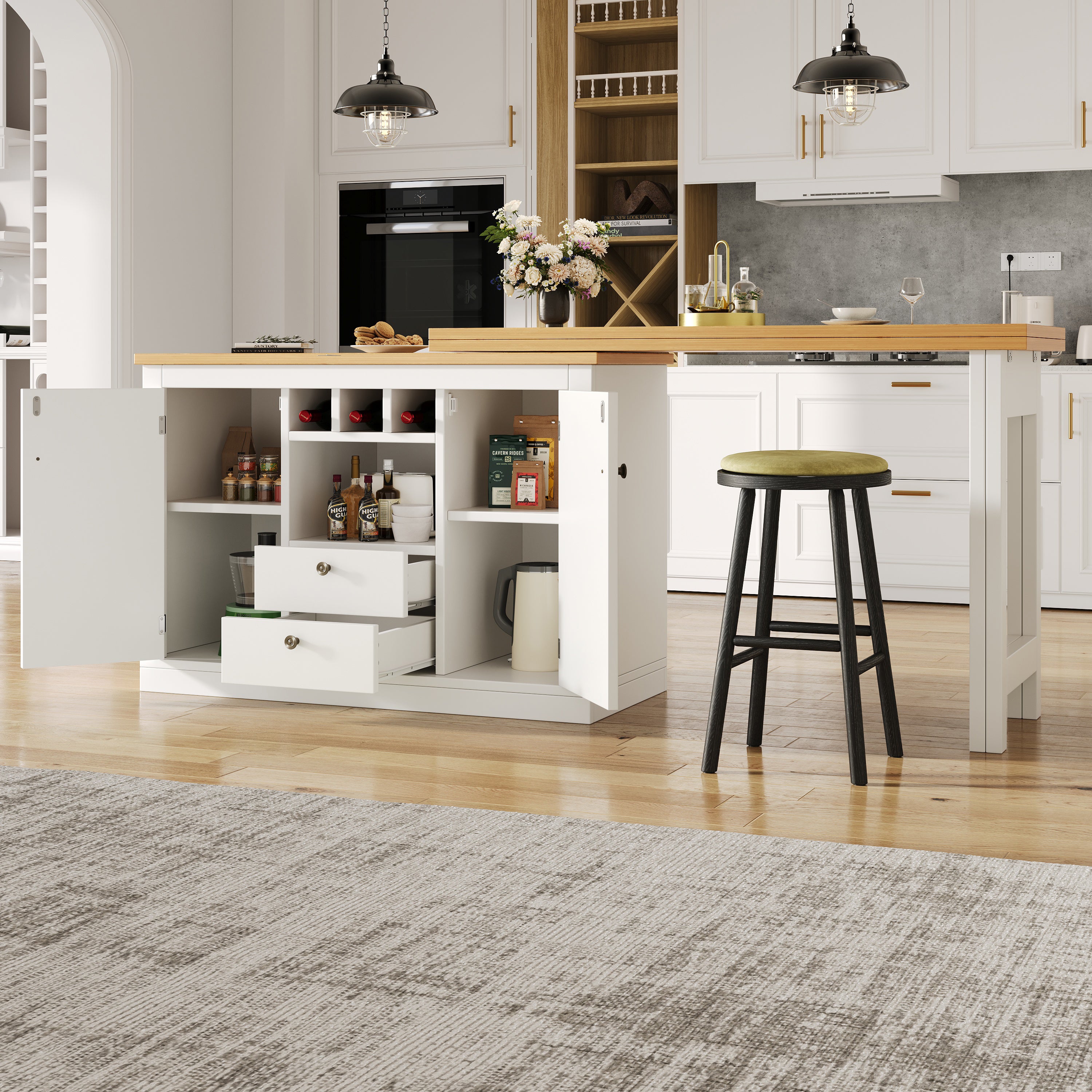 Rozkładany obrotowy stół jadalny z 2 drzwiami i 2 szufladami, wyspa kuchenna - 120-180 x 40 x 71,5 cm - MDF - Biały + naturalny - 4