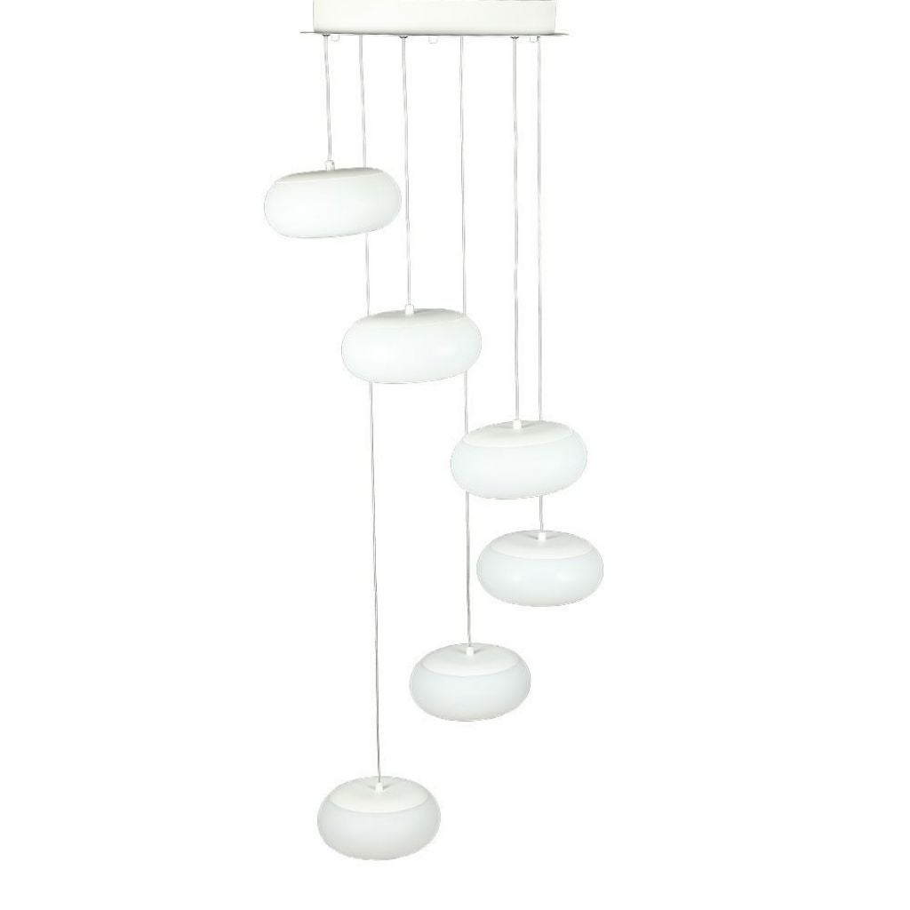 Lampa wisząca LED składająca się z 6 okrągłych metalowych żarówek o mocy 72 W, w kolorze białym, 3000 K, z możliwością ściemniania za pomocą triaka