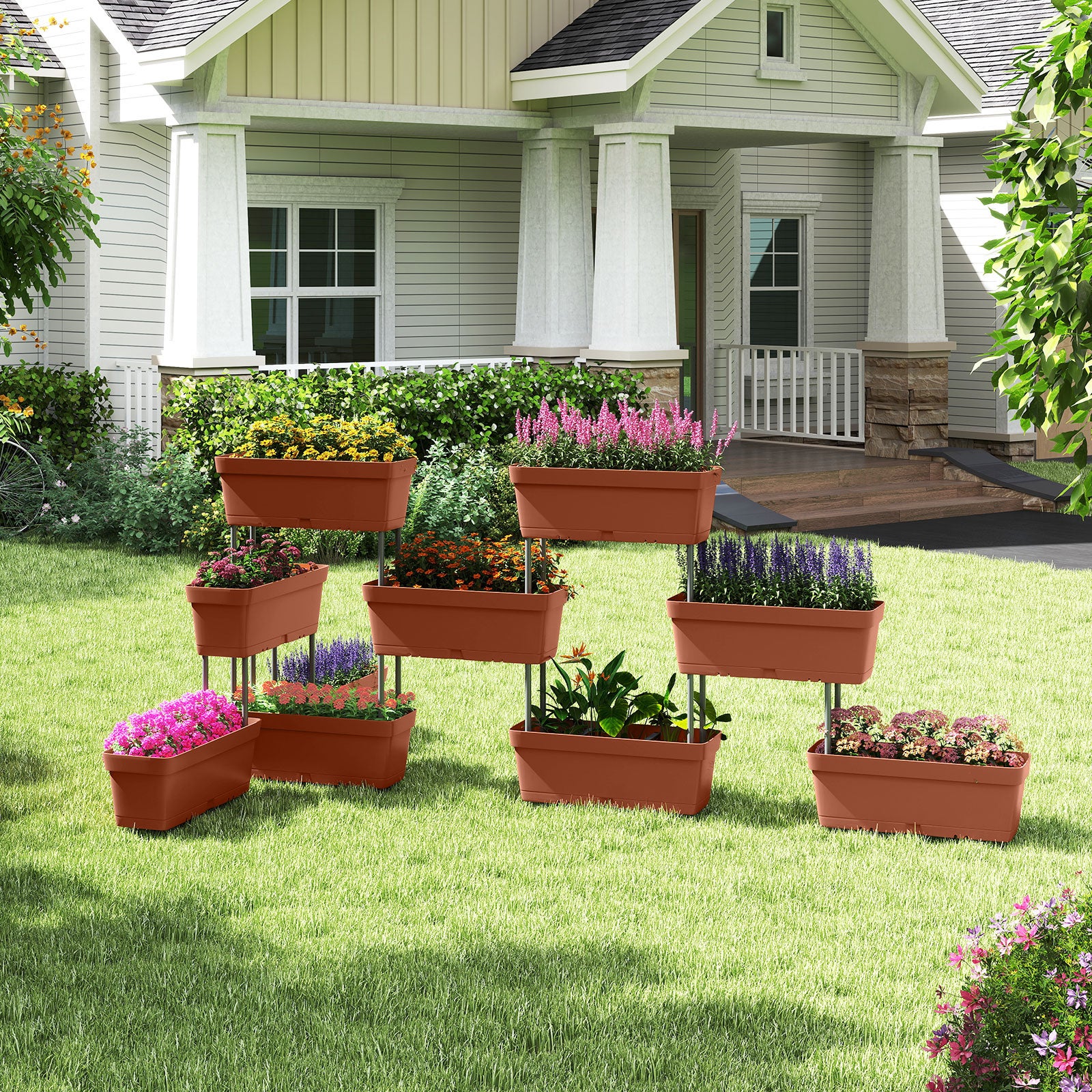 Jardinière Surélevée Vertical avec 6 Bacs de Plantation Trous de Drainage, Lit de Jardin Arrangement DIY pour Fruits Légumes Fleurs Herbes, Marron - 3