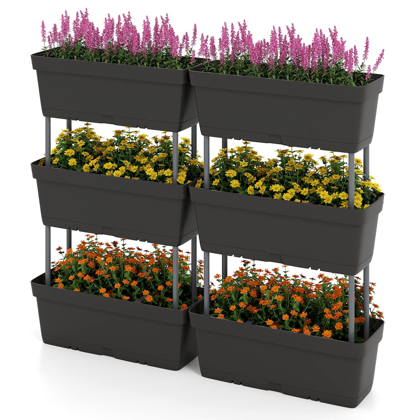 Podwyższona donica pionowa z 6 pojemnikami, łóżkiem ogrodowym do samodzielnego montażu, przeznaczona do uprawy owoców, warzyw i kwiatów, czarny