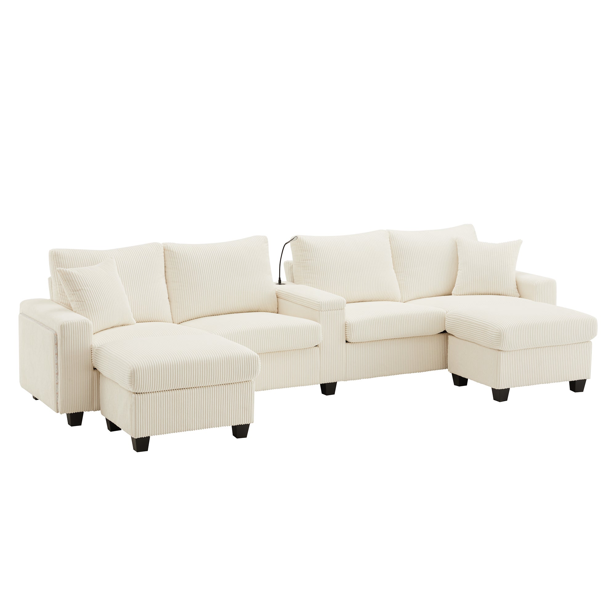 Canapé moderne en forme de U - avec USB, Type-C et lampe de lecture - avec lumières LED Porte - avec gobelet et 2 repose-pieds - Beige - 8