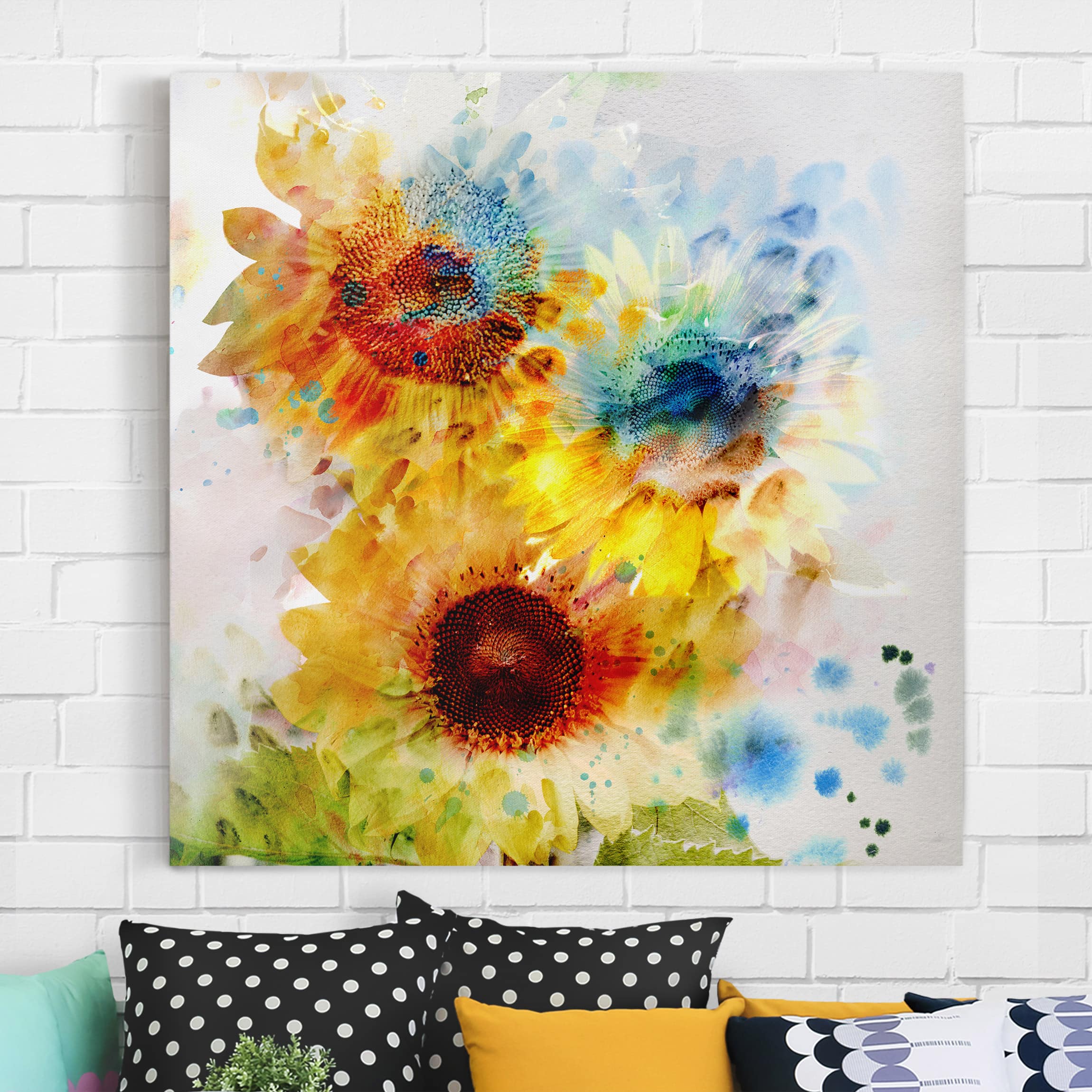 Lienzo cuadro en lienzo bastidor impresion en lienzo amarillo botánica flor girasoles acuarela pintura 179 dormitorio salón 30 x 30 cm