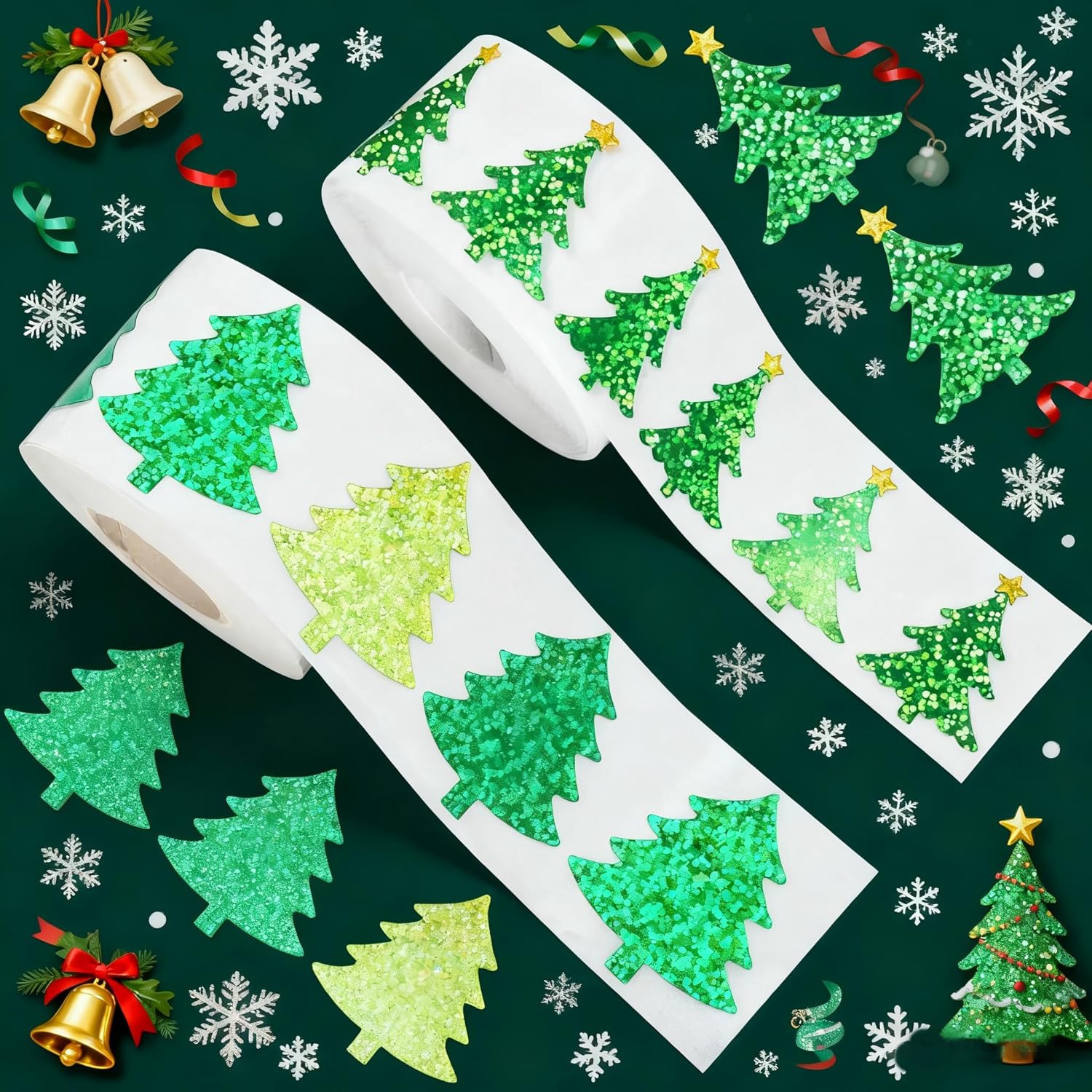 Autocollants Sapin De Noël Scintillants - 2 Rouleaux 500 Stickers Noël Imperméables Pour Décoration
