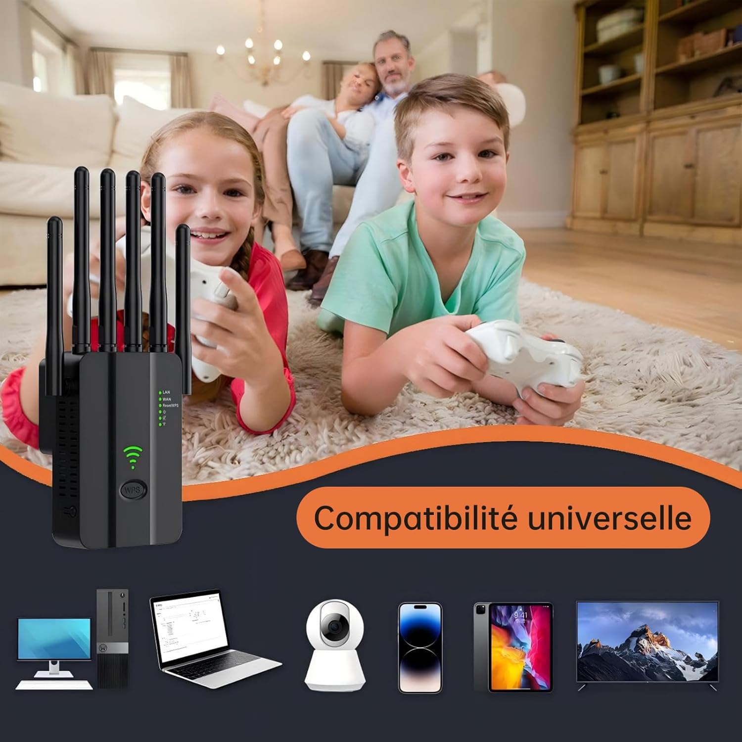 Wzmacniacz sygnału Wi-Fi 2,4 GHz jednopasmowy – 300 Mb/s, 6 anten, 2 porty LAN Gigabit, WPS jednym dotknięciem – do użytku wewnątrz/na zewnątrz, czar - 7