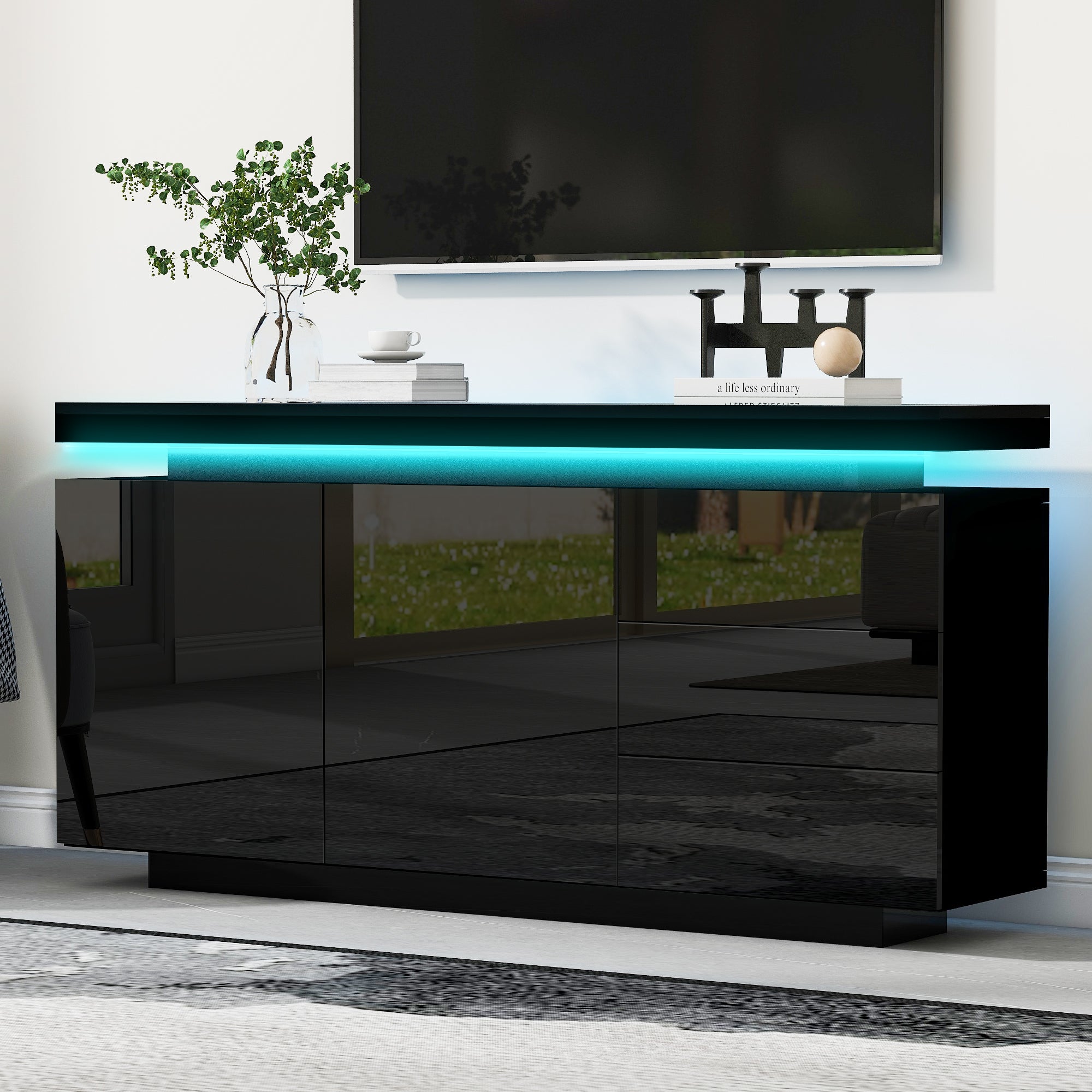 Nowoczesna niska komoda z 2 drzwiami i 3 szufladami - 140 x 35 x 72,5 cm - LED - do salonu - Czarny połysk - 5