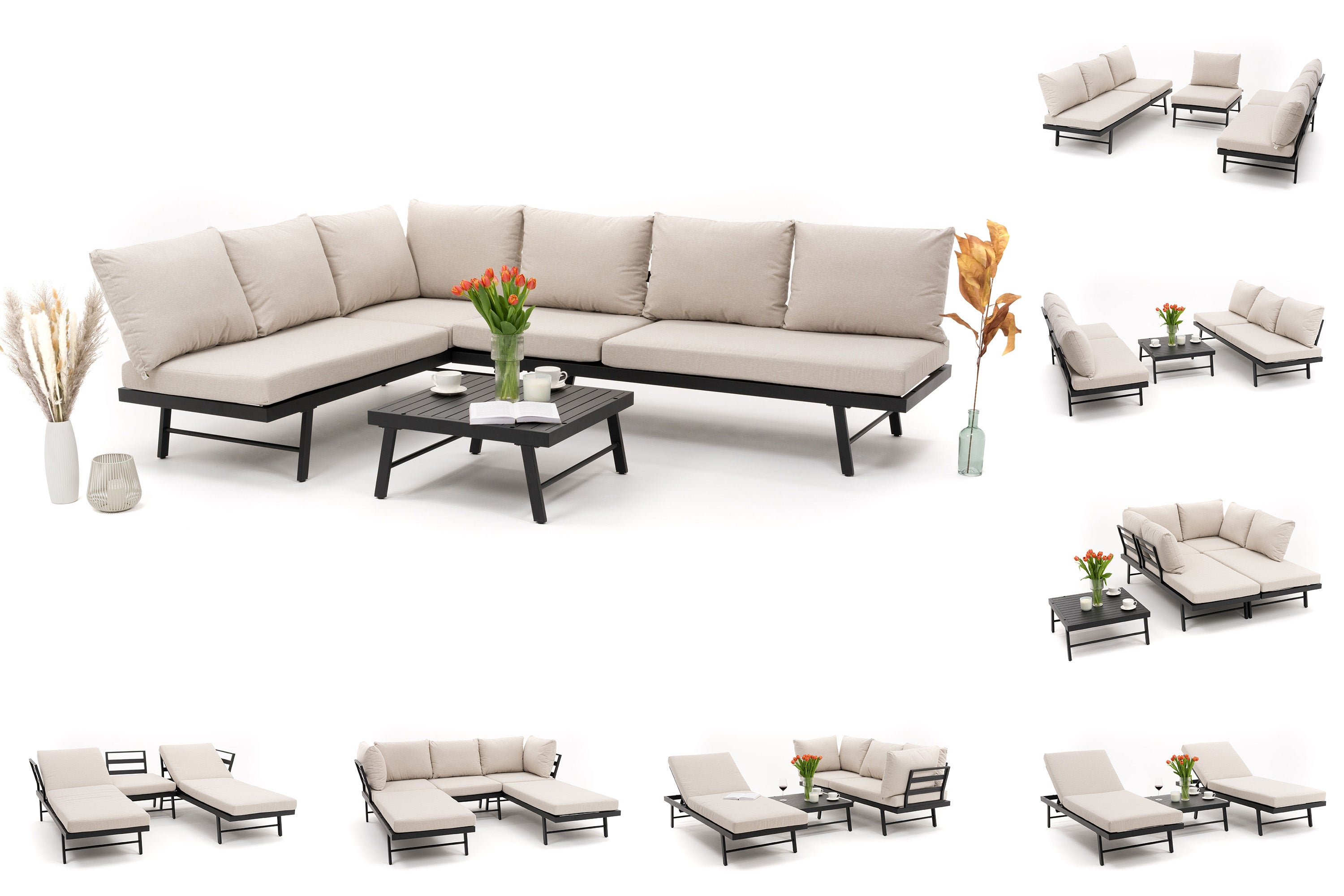 Zestaw mebli ogrodowych modułowych narożnik sofa fotel aluminowy BORA beżowo grafitowy