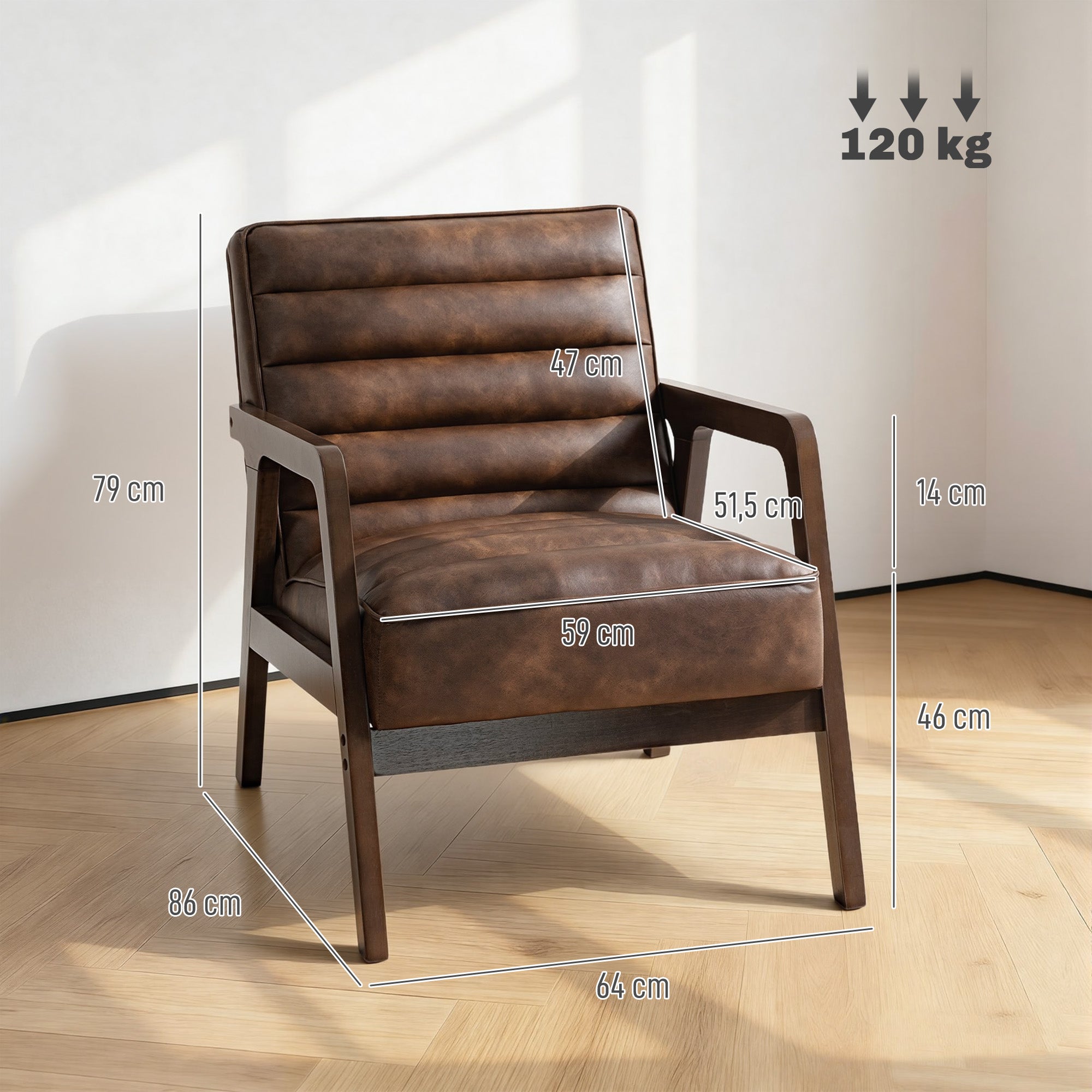 Fauteuil salon, fauteuil d'appoint rembourré en PU avec large assise, coussin épais et structure en bois massif, marron - COMFORTXL - 3