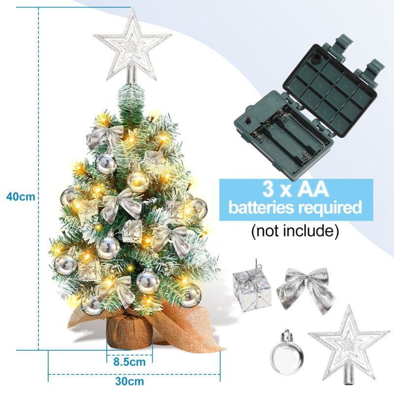 40 cm choinka stołowa, miniaturowe sztuczne choinki ze światłem, czubkiem i ozdobami choinkowymi, ozdoby świąteczne, srebro - 2