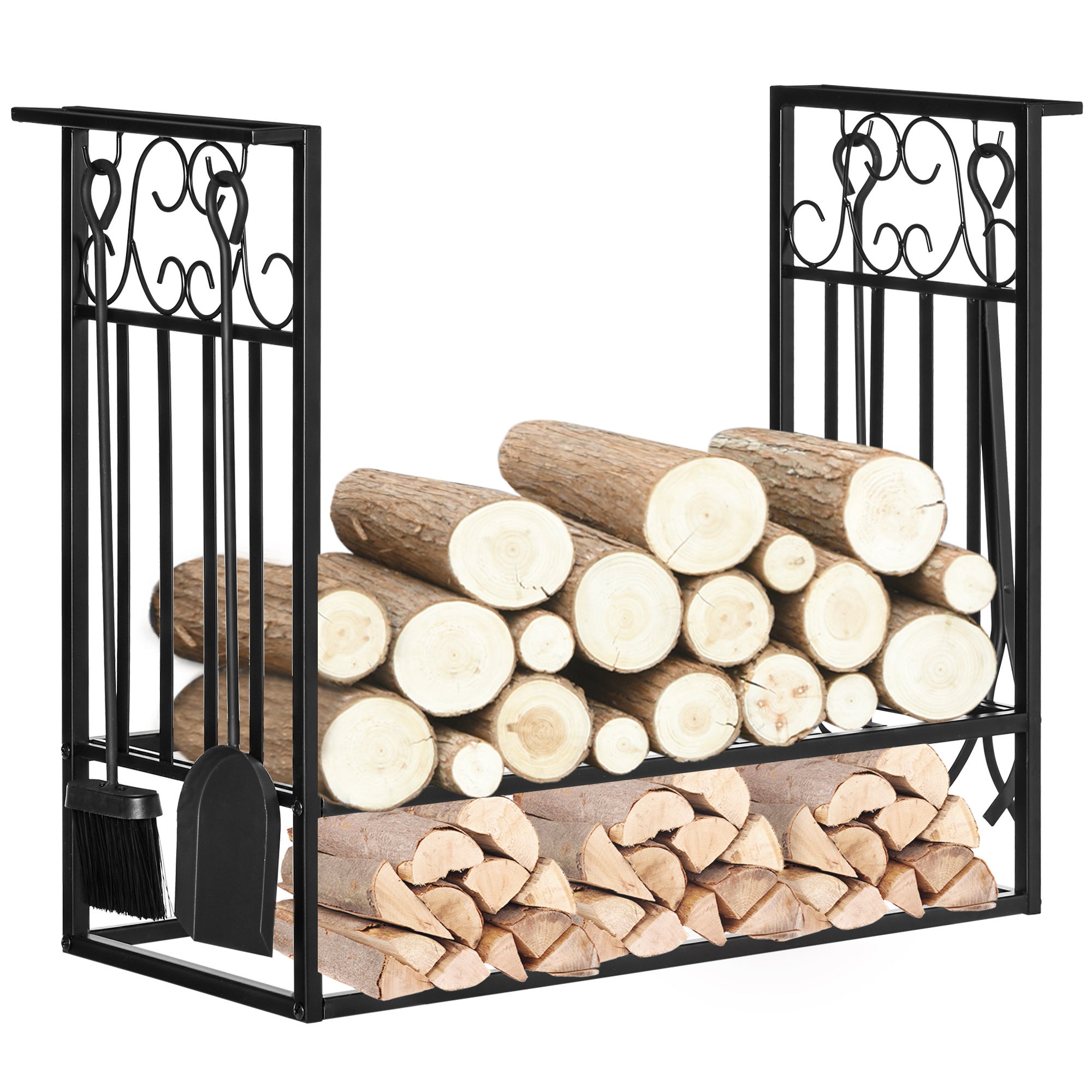 Étagère à bois de chauffage avec plateau en bois noir