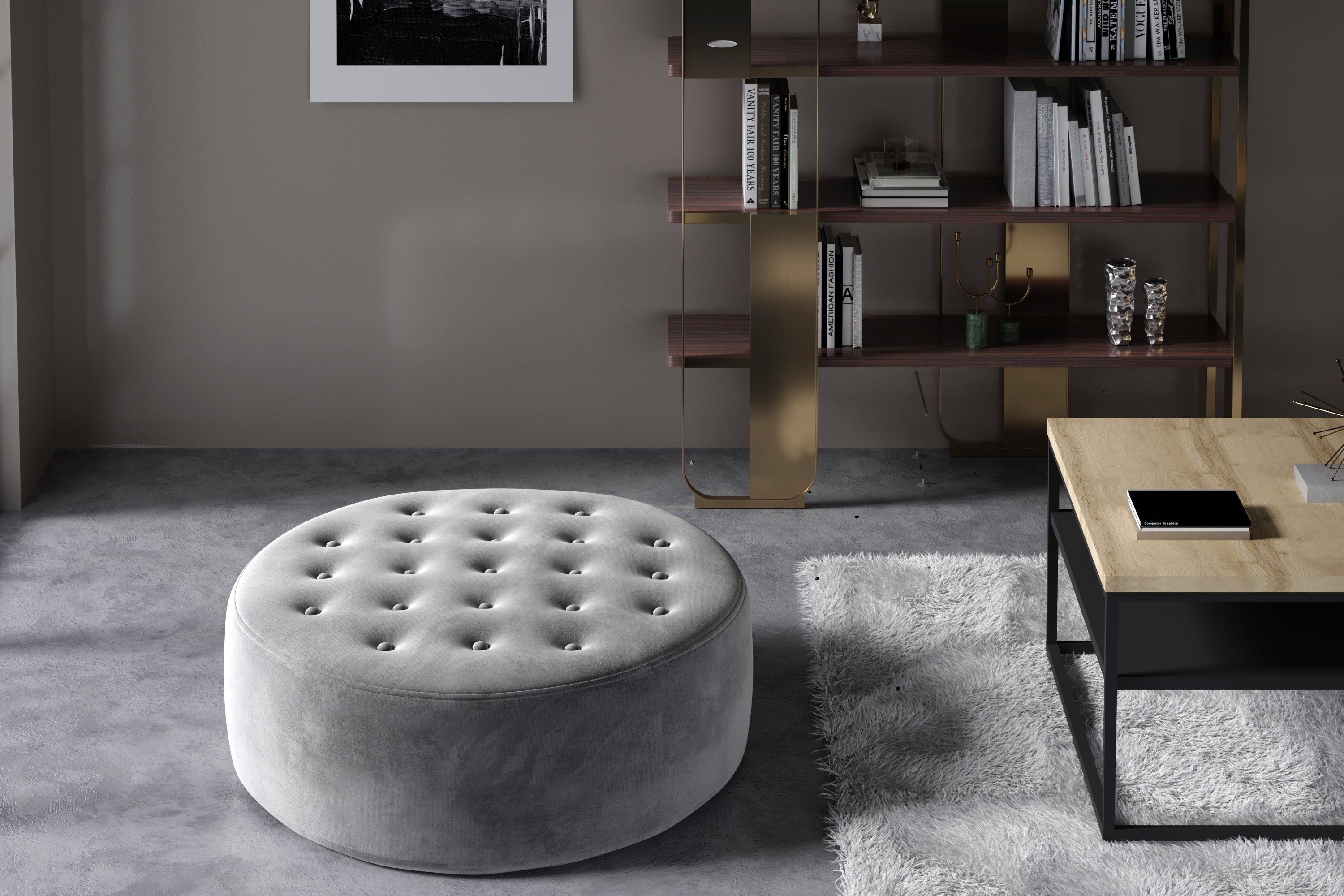 Pouf rond matelassé velours marron clair Styla 70cm - 3