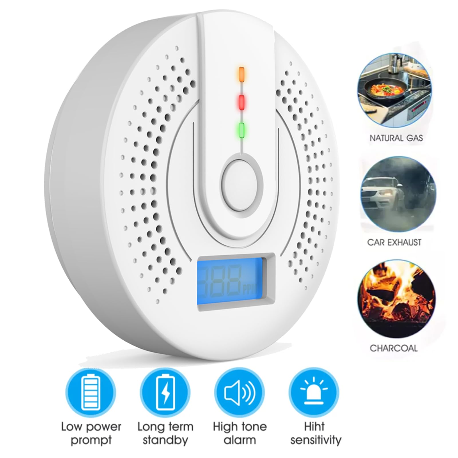 Detector de monóxido de carbono, pantalla digital y alarma sonora, alarma portátil de viaje, 9,6 x 9,6 x 3,1 cm, color blanco (sin batería) - 4