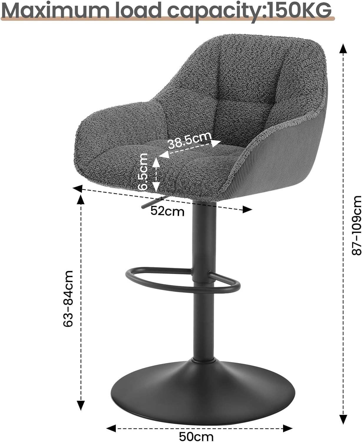Lot de 2 Tabourets de Bar Chenille+Velours Côtelé, Tabouret Bar Réglable en Hauteur avec Dossier, Repose-Pieds, Gris foncé WOLTU - 4