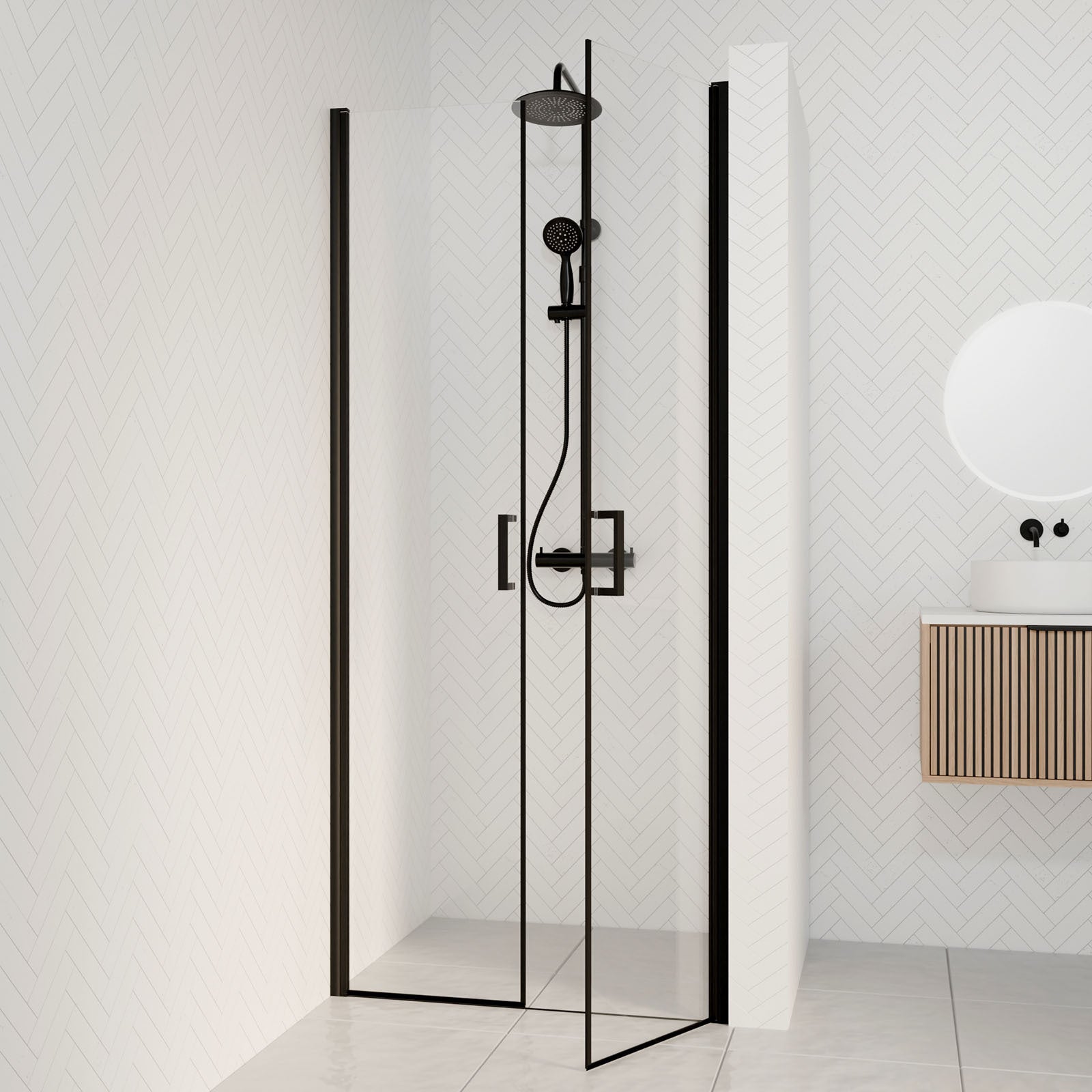 Porte de Douche Double Battant 90x200cm - Verre Trempé Transparent 6mm - Profil Noir Mat - 6