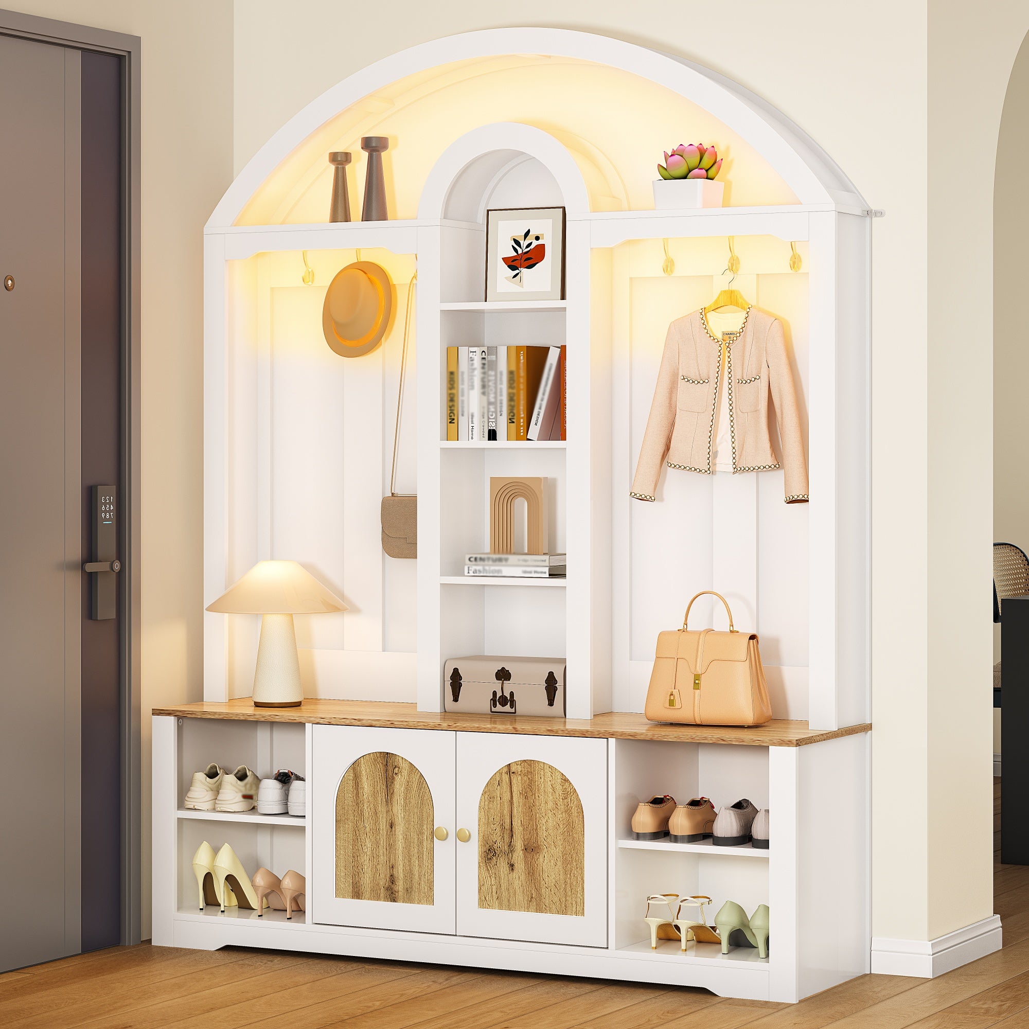 Zestaw na hol 150x40x195 cm - Szafa na buty - z oświetleniem LED - Otwarta półka - z wieszakami - 2 fronty - MDF - Biały