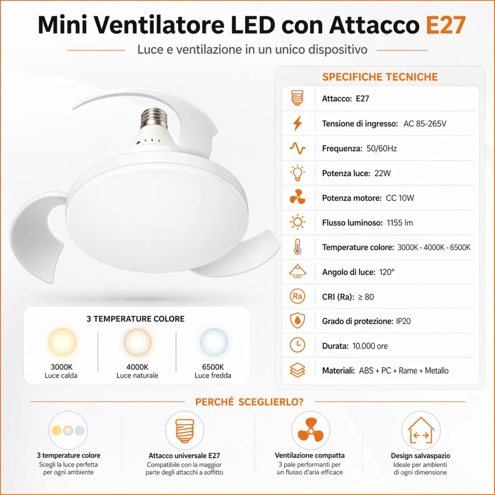 Ventilateur de plafond avec ampoule E27 2 en 1 (lampe à intensité variable + ventilateur 3 vitesses LED 22 W CCT + télécommande 230 V Ø 40 cm) - 5