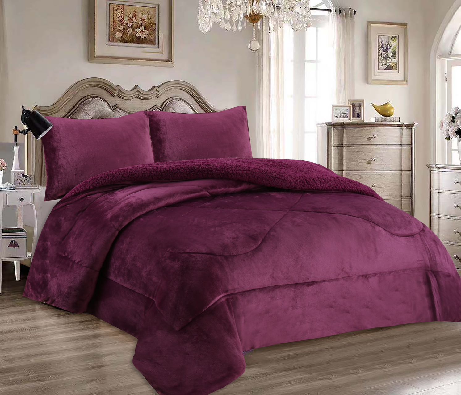 Haradeco manta para cama 135/140 con 2 fundas almohada, borrego terciopelo gruesa y abriga para tiempo fría(morado, 220x240cm)