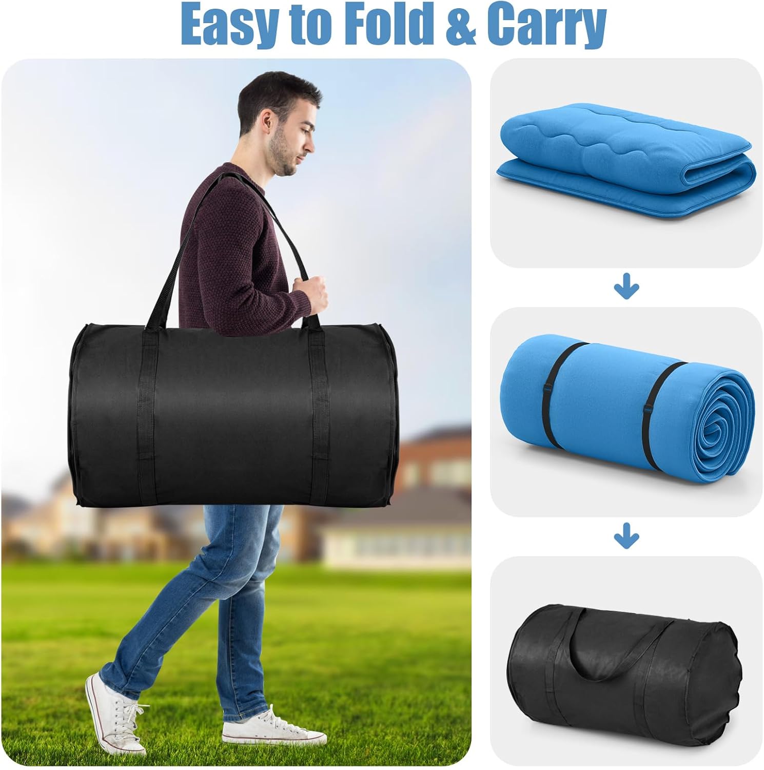 Matelas Futon Japonais 1 Personne 90x200CM, Lit de Couchage Enroulable de Sol Pliable et Portable avec Sac de Transport pour Camping, Voyages, Bleu - 4