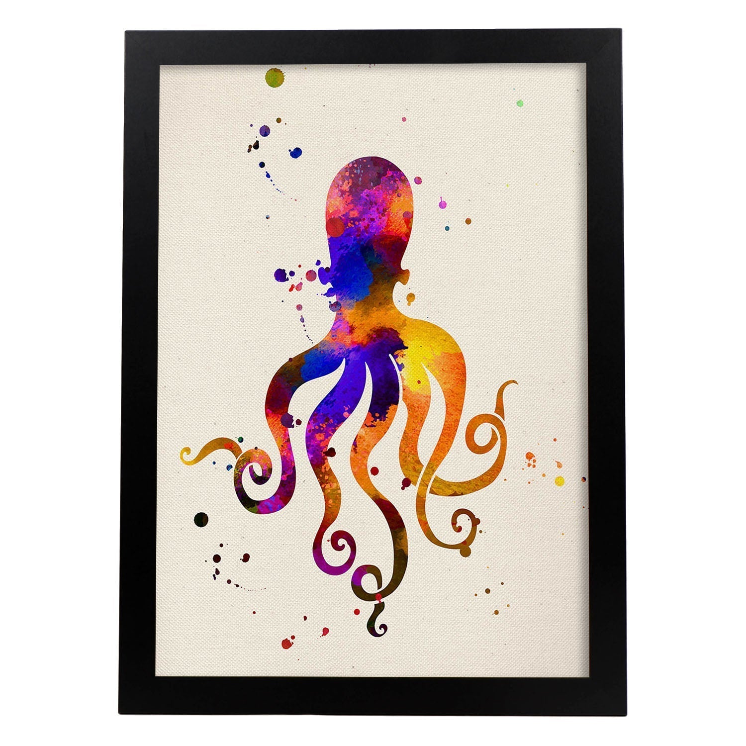 Posters de animales marinos con diseno acuarela. lamina pulpo, impresa con textura acuarela, para marco madera clara - a3