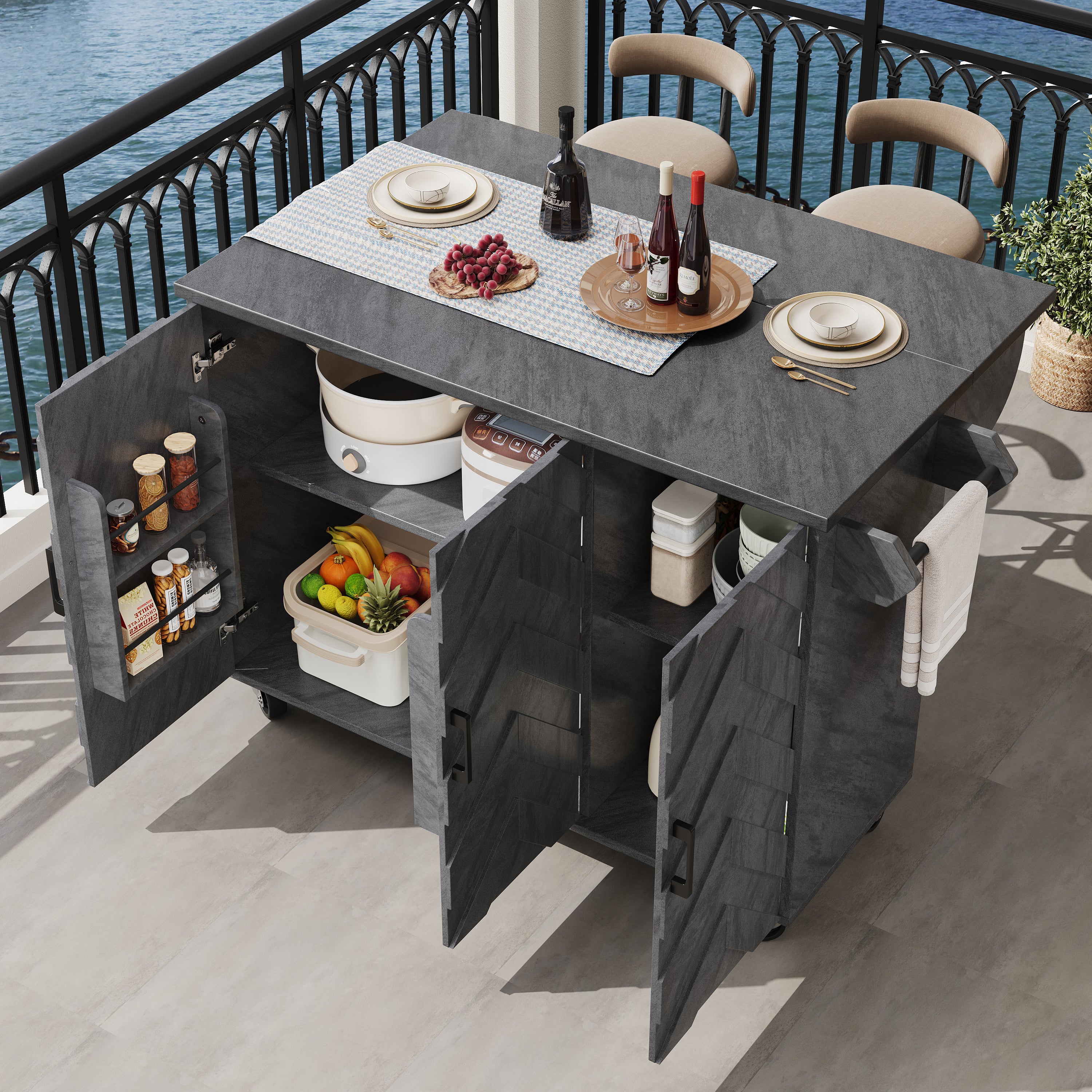 Mobilna wyspa kuchenna z 3 drzwiami - 99 x 40/70 x 90 cm - Wysuwany blat - Płyta MDF - Regulowane półki - Szary