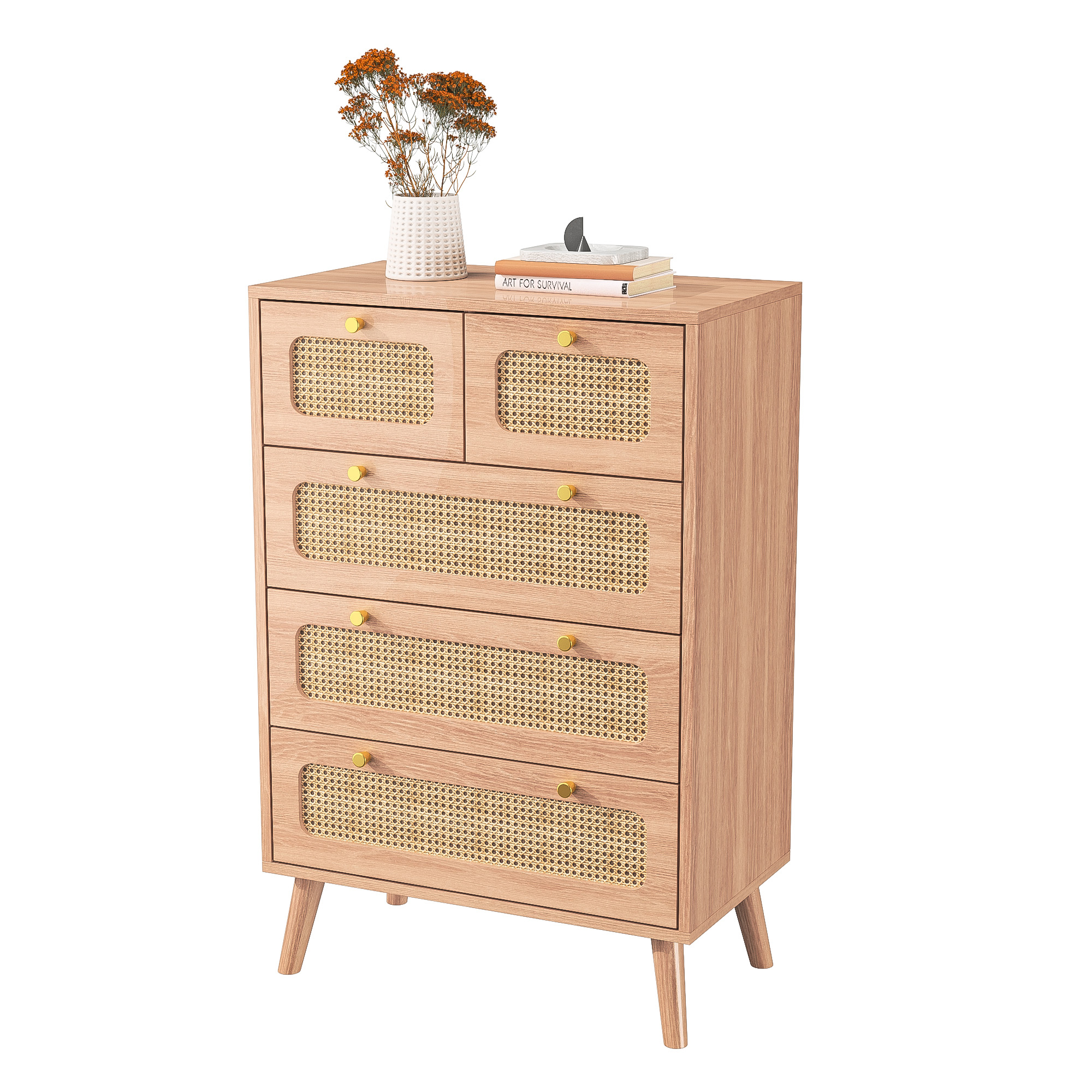 Commode - COZY - Avec 5 tiroirs - Scandinave - 60 x 34 x 91 cm - tiroirs en rotin - Couleur bois naturel - 9