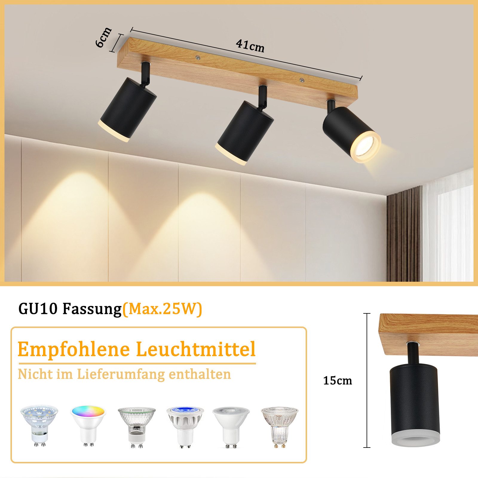 NETTLIFE Spot de plafond spots de plafond noirs lampe de cuisine GU10 spot mural en bois vintage pivotant sans ampoule orientable à 350° - 5