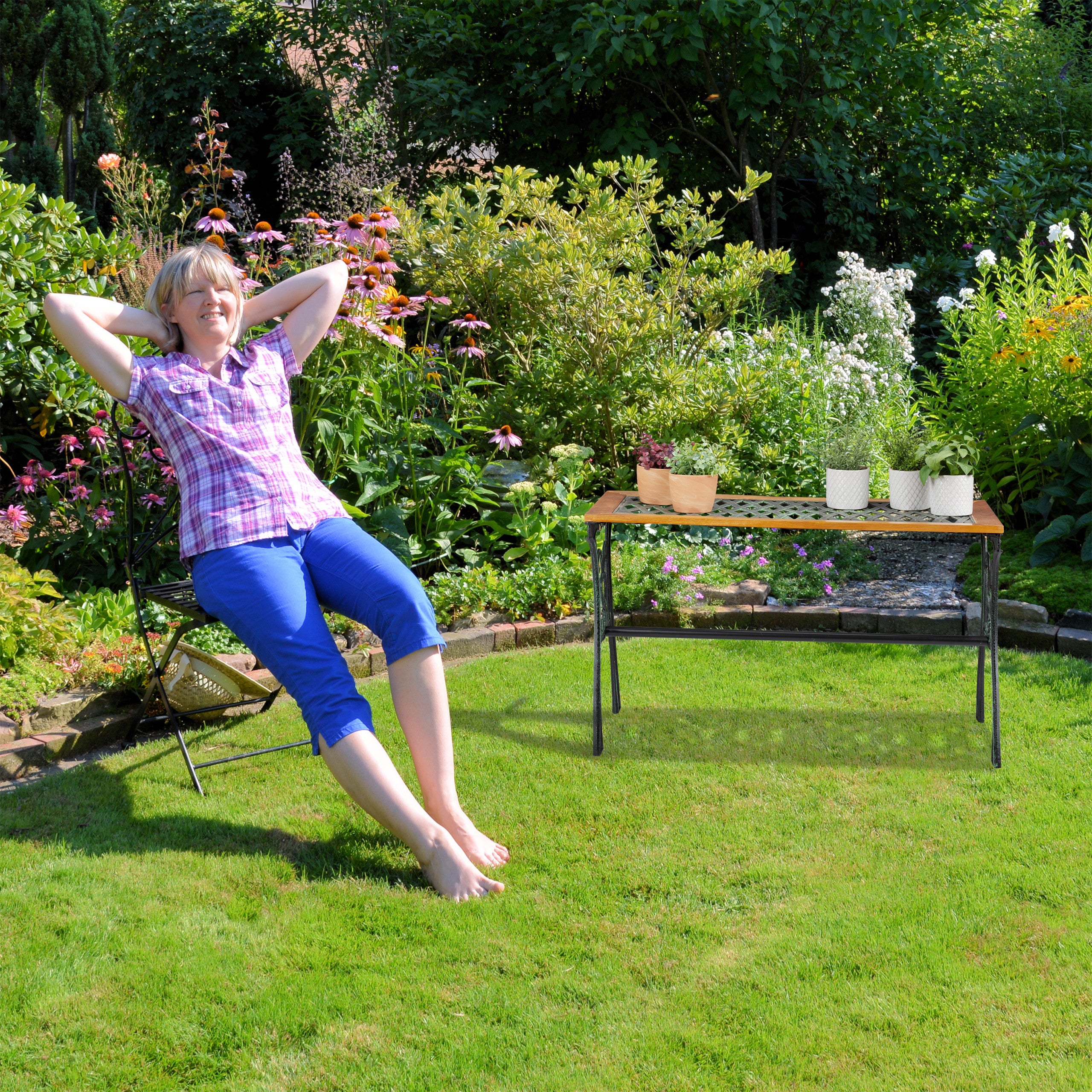 Table de jardin rectangulaire, extérieur, vintage, bois et fonte de fer, 58x98x47 cm, balcon, nature-noire, Relaxdays - 2