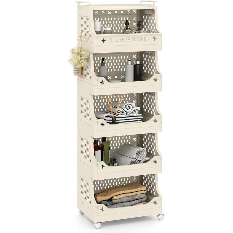 Wózek do Przechowywania z Szerokimi Regałami, 2 Uchwytami, Zamknięciem na Zatrzask, Mobilny Pojemnik do Kuchni, Łazienki, Salonu (5 Poziomów)
