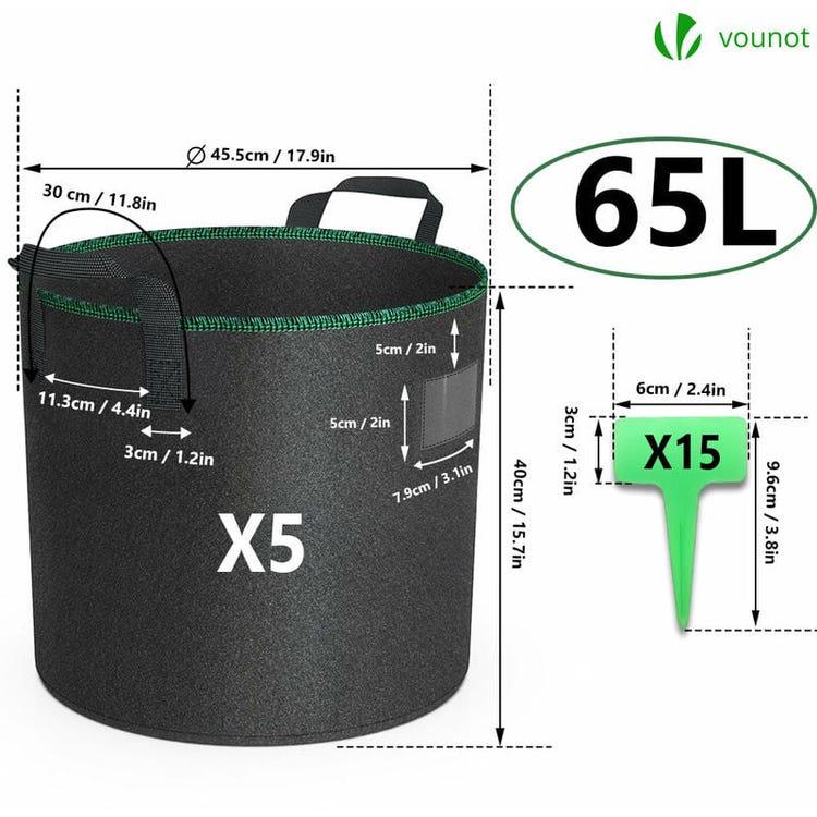Lot de 5 sacs de plantation non tissé 65L avec poignee Noir - 2