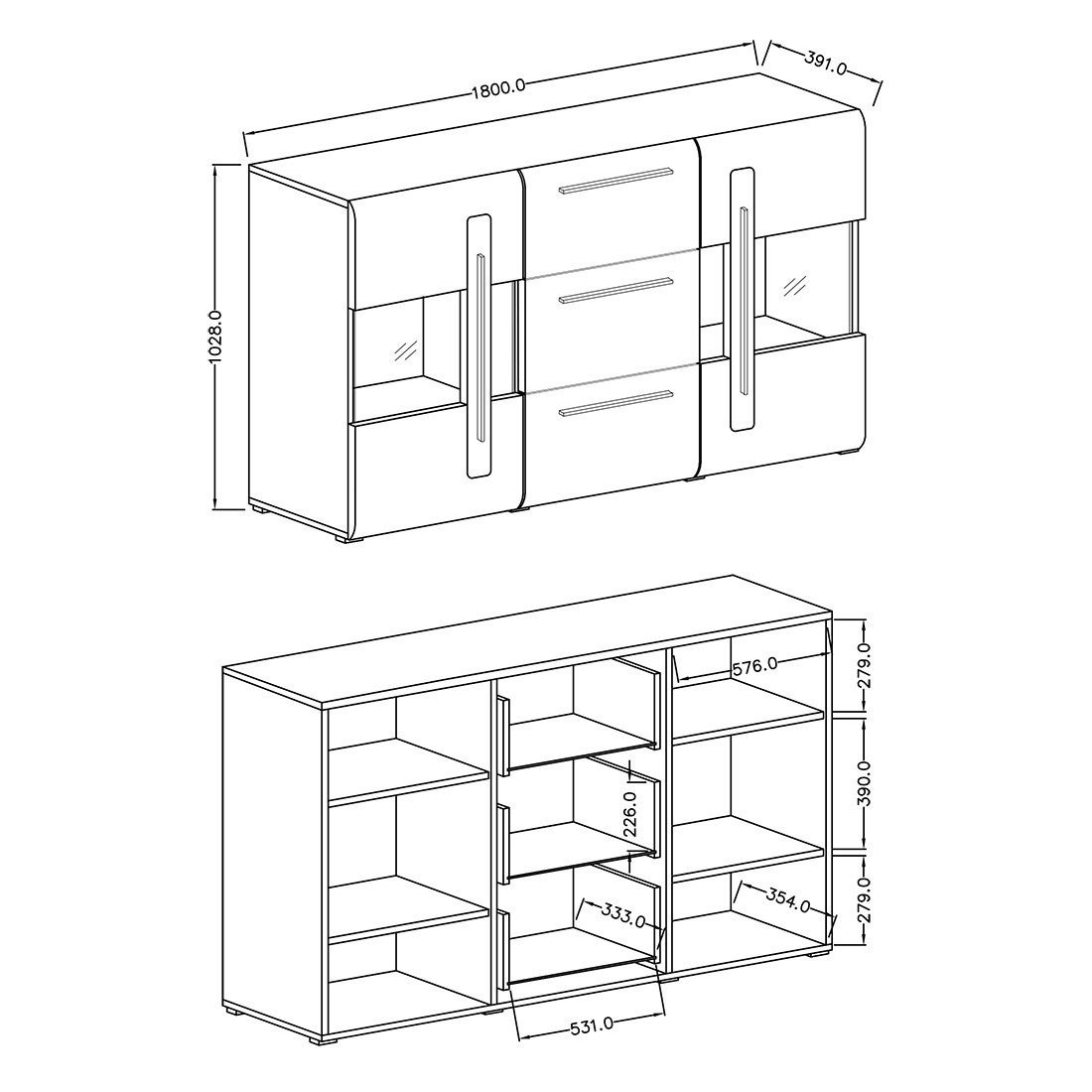 Buffet 180cm collection BREDA deux portes partiellement vitrées et trois tiroirs. Coloris Chêne - 3