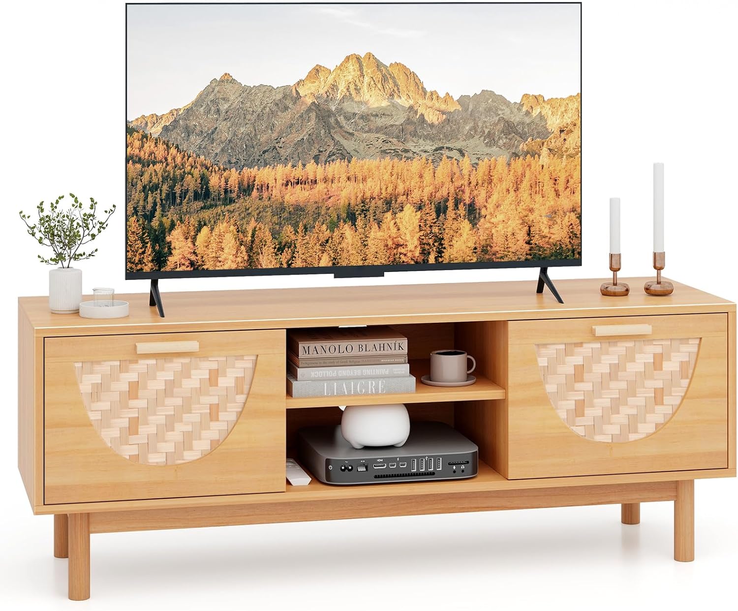 Szafka pod telewizor z 2 szufladami i otwartymi półkami, szafka pod telewizor do 55 cali, stolik pod telewizor do salonu, 120 x 35 x 45,5 cm