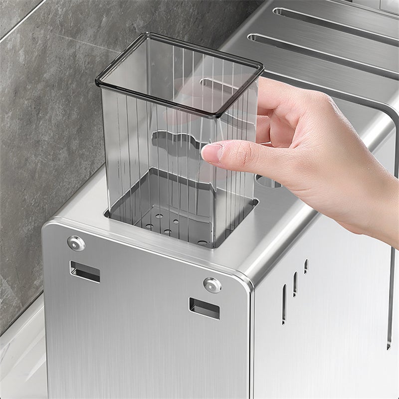 Soporte para cuchillos de cocina de acero inoxidable con cilindro para palillos – Organizador multifuncional, 22,5 x 11 x 24 cm - 8
