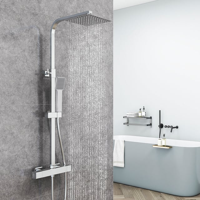 AICA Colonna Doccia con Miscelatore Termostatico, Rubinetto Doccia 28x4cm, Soffione Doccia Quadrato in Acciaio Inox 20x20cm, Altezza Regolabile,Cromo