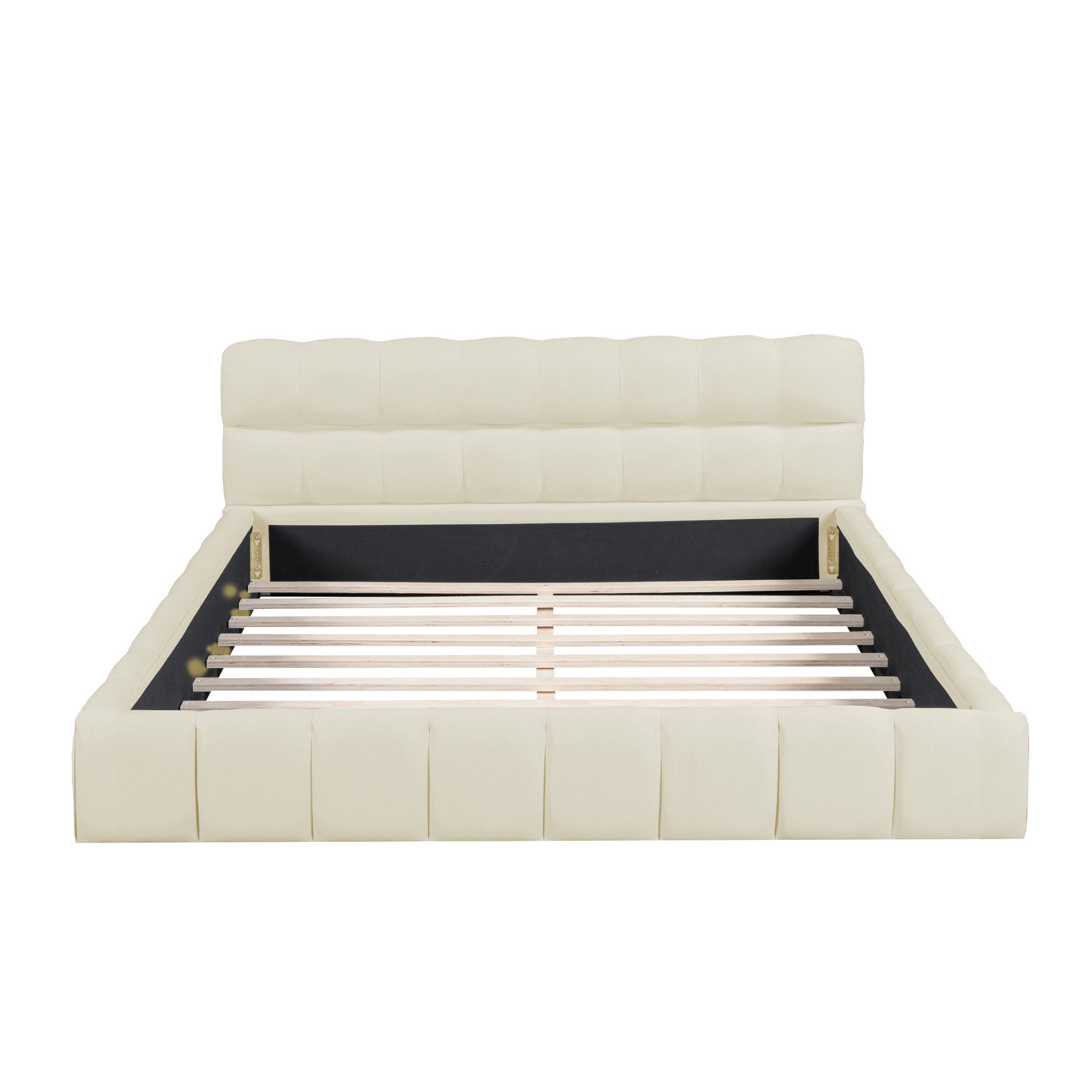 140 x 200 lit 2 Personnes,lit double avec tête et bord souples,lit capitonné,lit de sol,cadre de lit avec sommier à lattes,lin,beige - 4