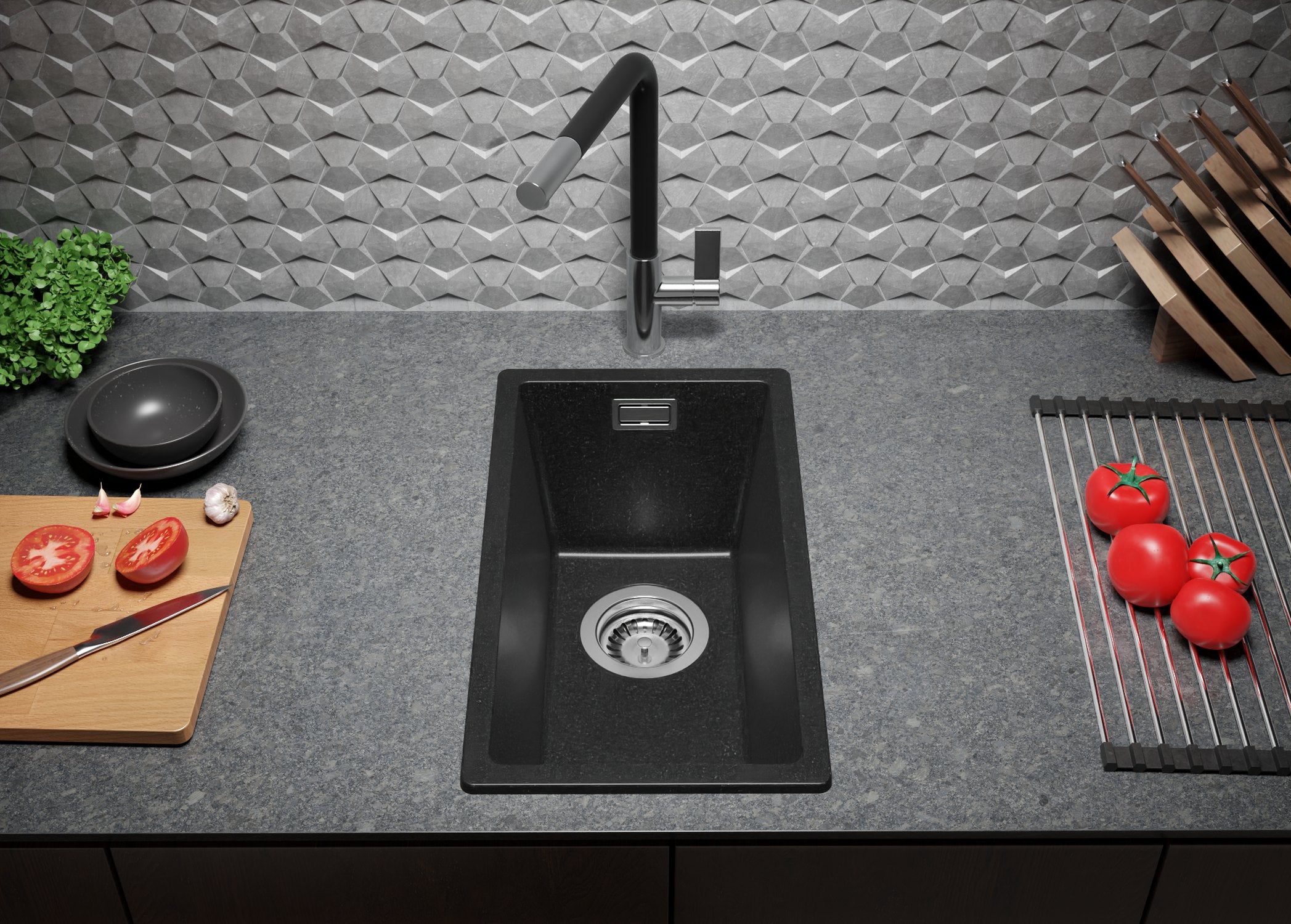Evier Cuisine en Granit Graphite 26x47cm, Lavabo 1 bac + Kit de Vidage, Évier à Encastrer au meuble 30cm - London Slim PRIMAGRAN - 4