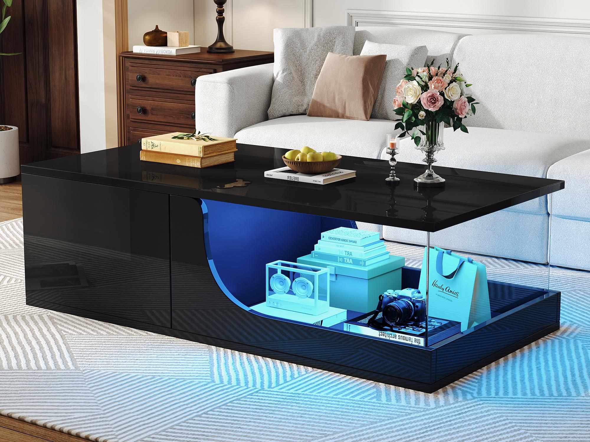 Stolik kawowy z połyskiem 100 x 50 x 30 cm - Z 2 szufladami - Z oświetleniem LED - Szkło hartowane - Płyta MDF - Czarny