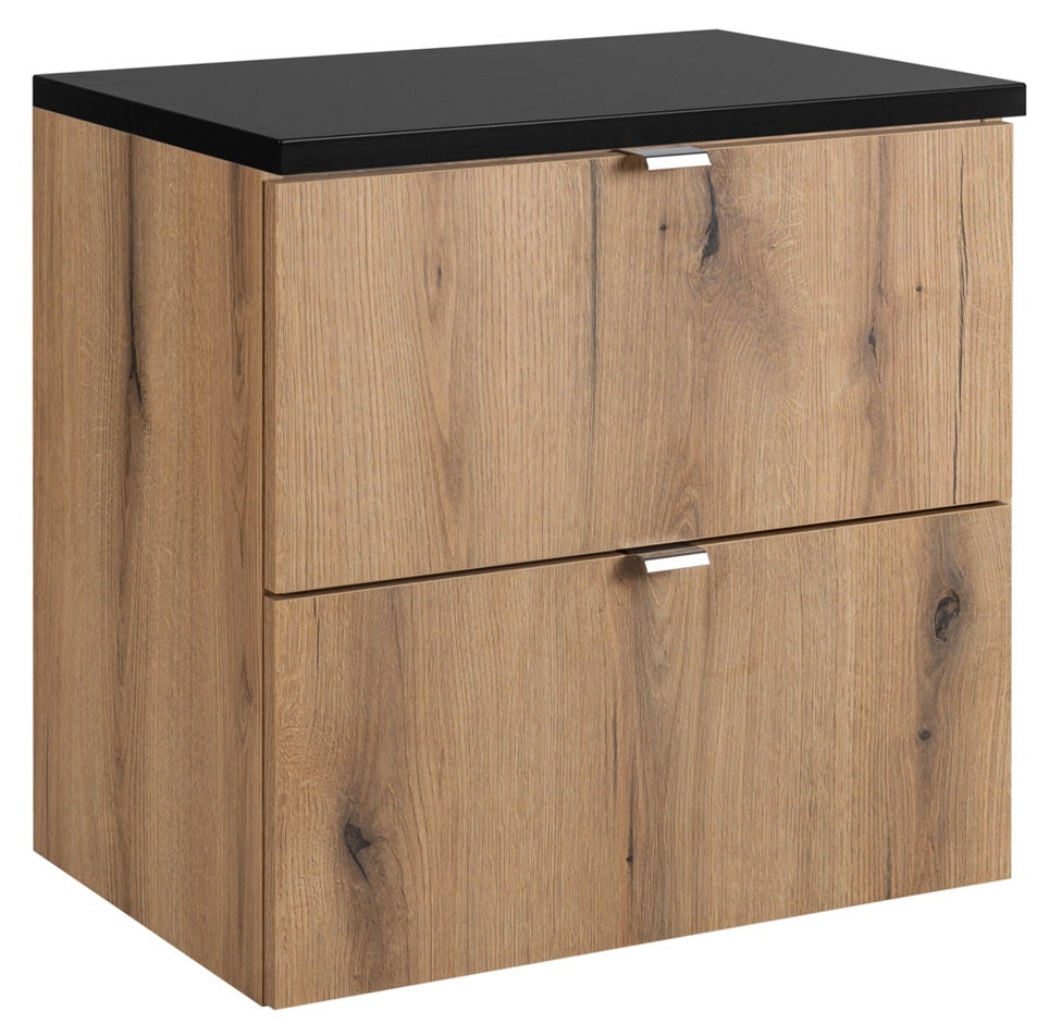 Szafka łazienkowa NOVA OAK 60 cm dąb z czarnym blatem 2 szuflady