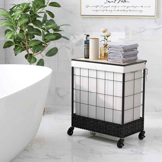DUMOS Cesto Portabiancheria Intrecciato Con Coperchio 110L - Fodera Lavabile, Telaio In Acciaio, Pieghevole - Rattan E Silicone