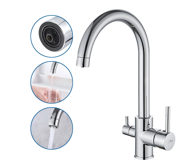 Auralum MAX Rubinetto Cucina 3 Vie, Miscelatore Cucina 3 in 1, Miscelatore Cucina Rotante a 360°, Rubinetto Acqua Potabile 2 Leve