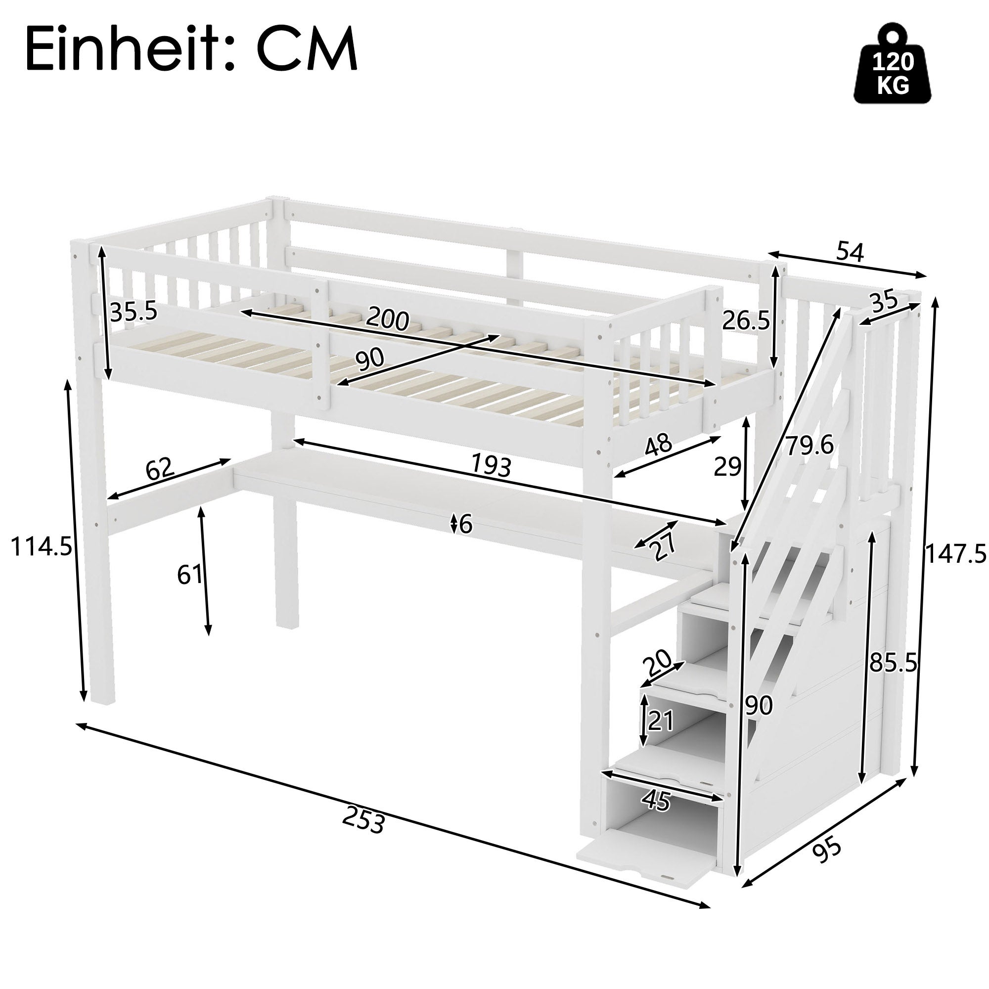 Lit mezzanine en bois de pin - 90x200cm - avec escalier de rangement et bureau - avec sommier à lattes - Blanc - 5