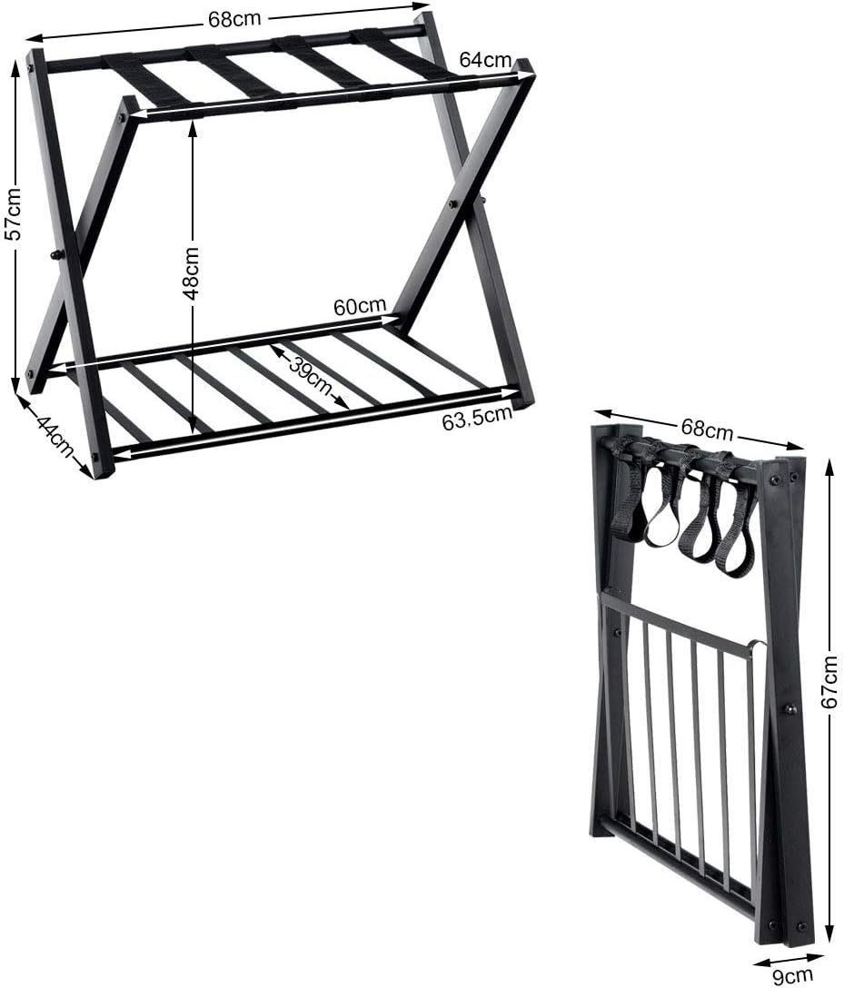 Portavaligie Pieghevole, Porta Valigie Poggia Bagaglio a 2 Ripiani, Cavalletto da Valigie, per Hotel e Viaggio, in Metallo, 68 x 43 x 56 cm (N - 5