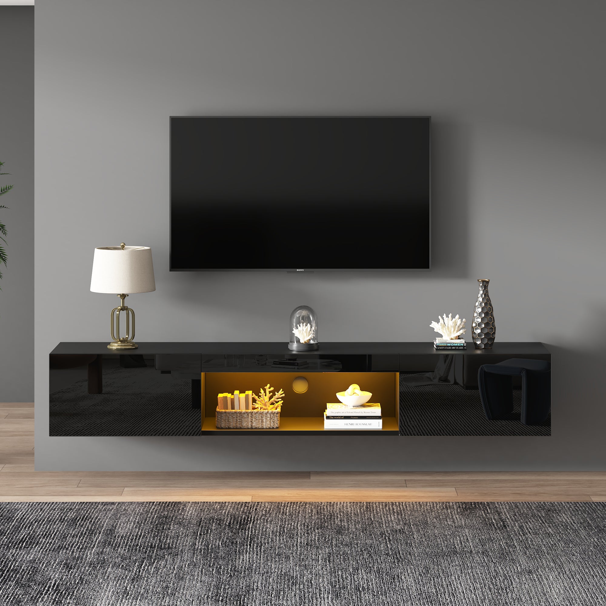 Szafka ścienna pod telewizor z 2 drzwiami i otwartą przegrodą - 160 x 31 x 22 cm - Oświetlenie LED - Płyta wiórowa - Czarny połysk