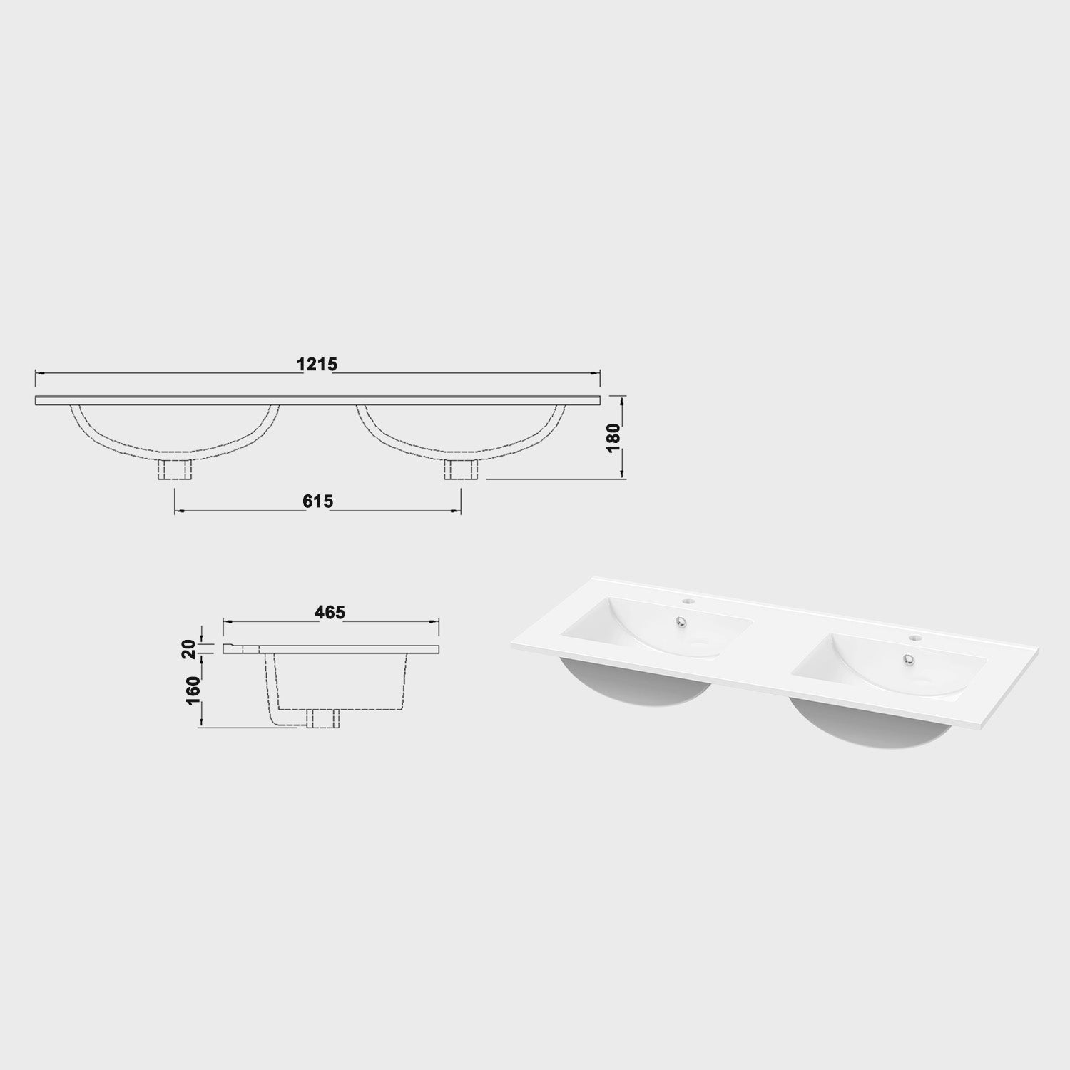 Meubles Salle de Bain 120cm avec double vasque céramique - 4 tiroirs meuble effet noyer - 6