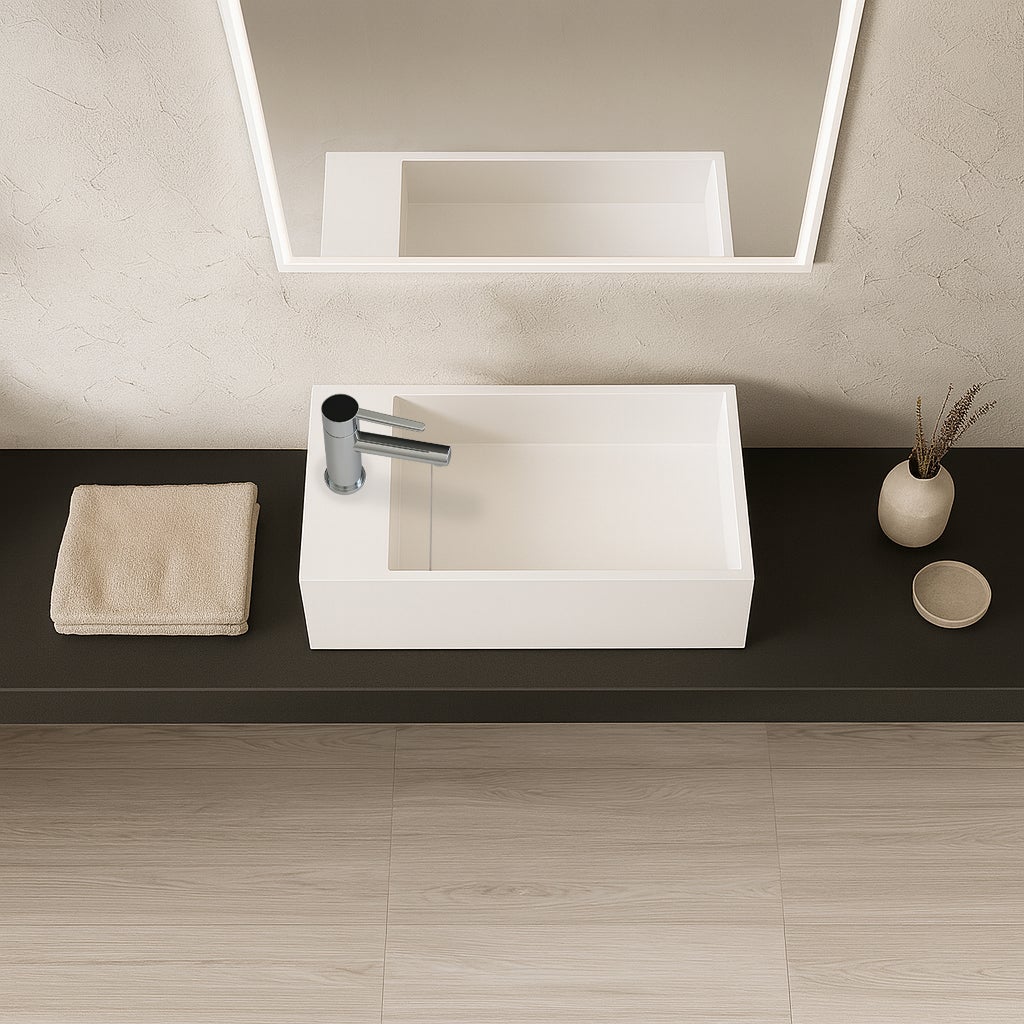 Lave-mains suspendu blanc mat MANITA G - Lavabo rectangulaire en Solid surface 35cm - 3
