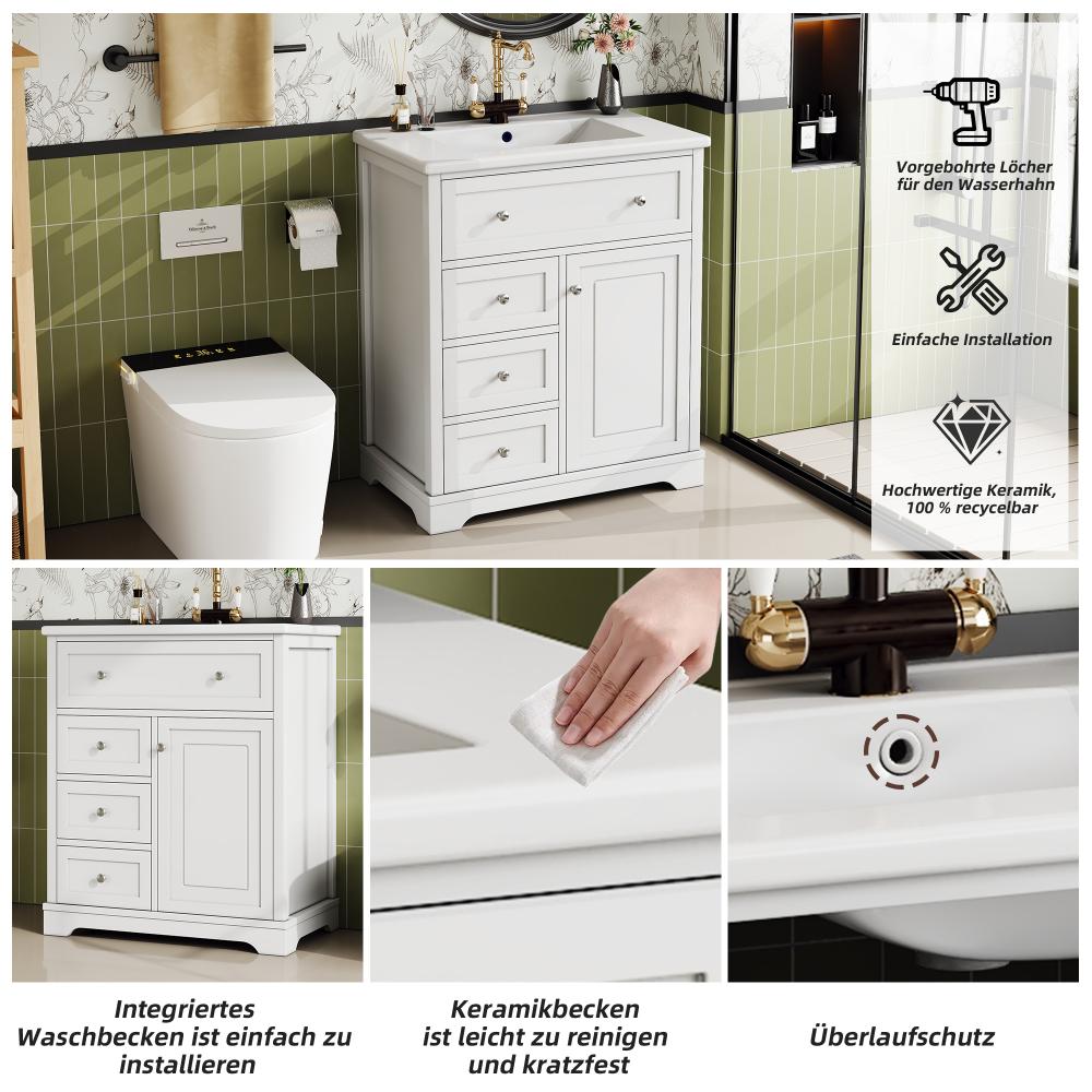 Meuble vasque salle de bain blanc 76 cm – 3 tiroirs silencieux, rangement, vasque céramique – 76x46x87 cm - 7
