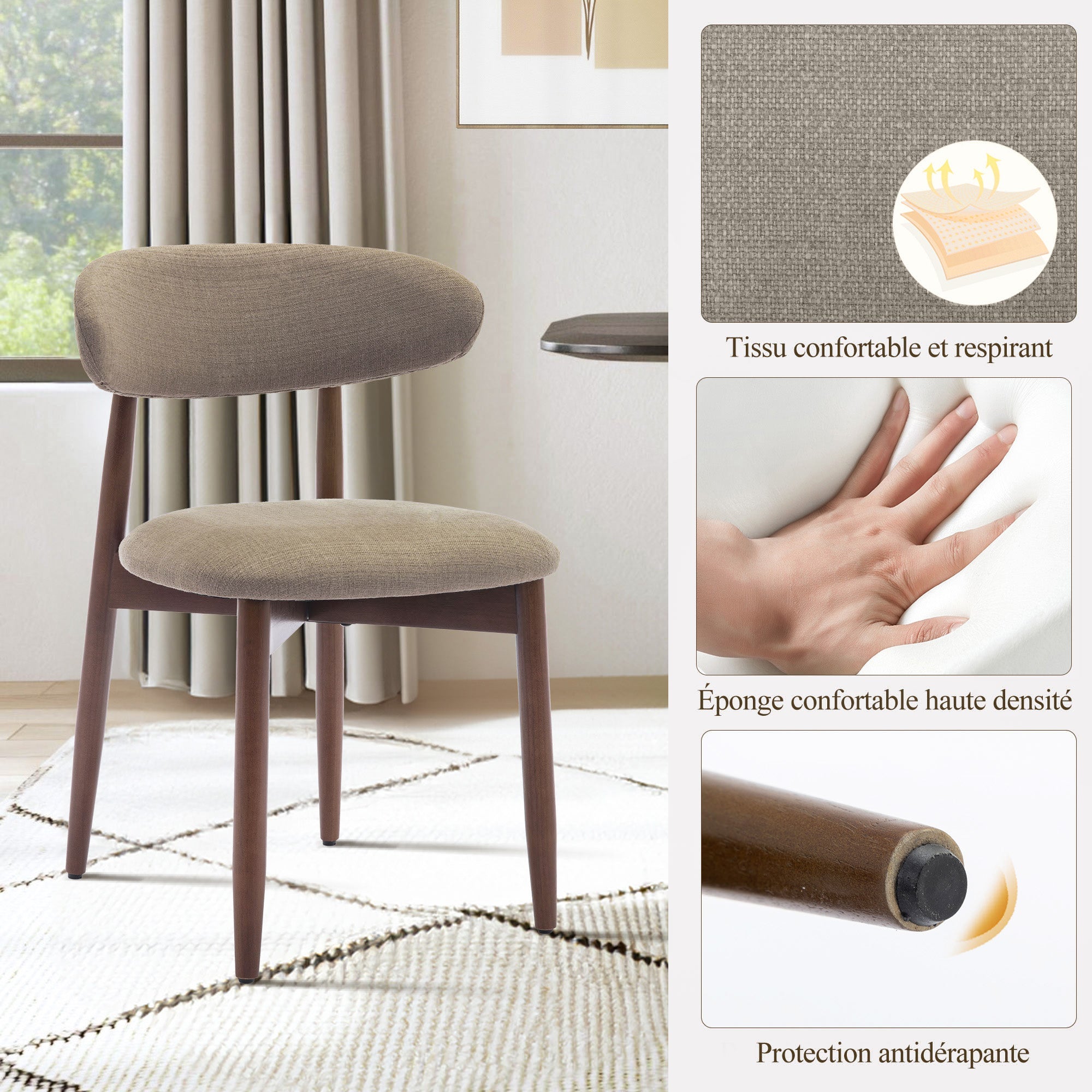Lot de 2 Chaises de Salle à Manger, Assise en Mousse Haute Densité, Dossier Ergonomique, Marron - 3
