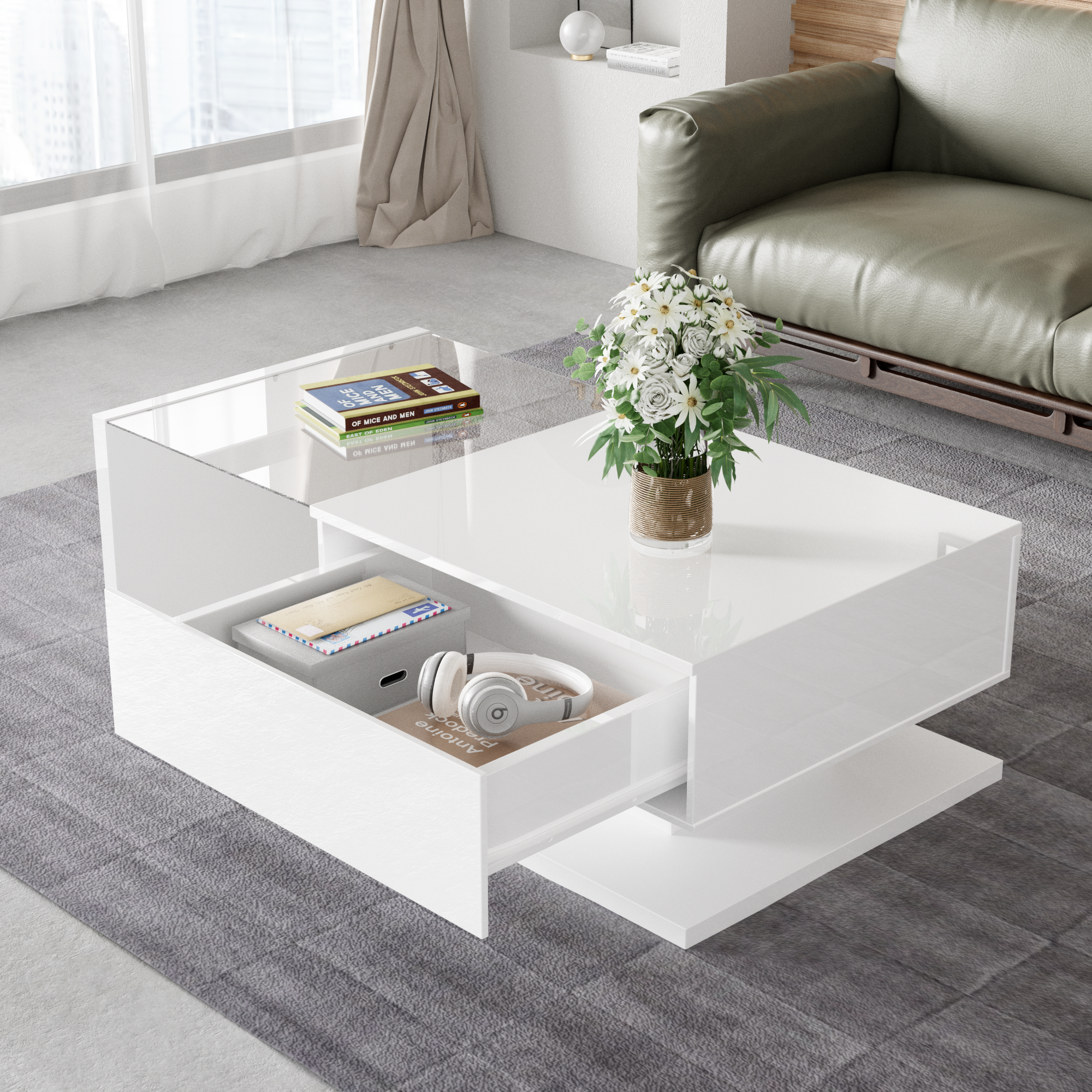 Table basse avec LED - en verre et panneaux de particules - Blanc - 4