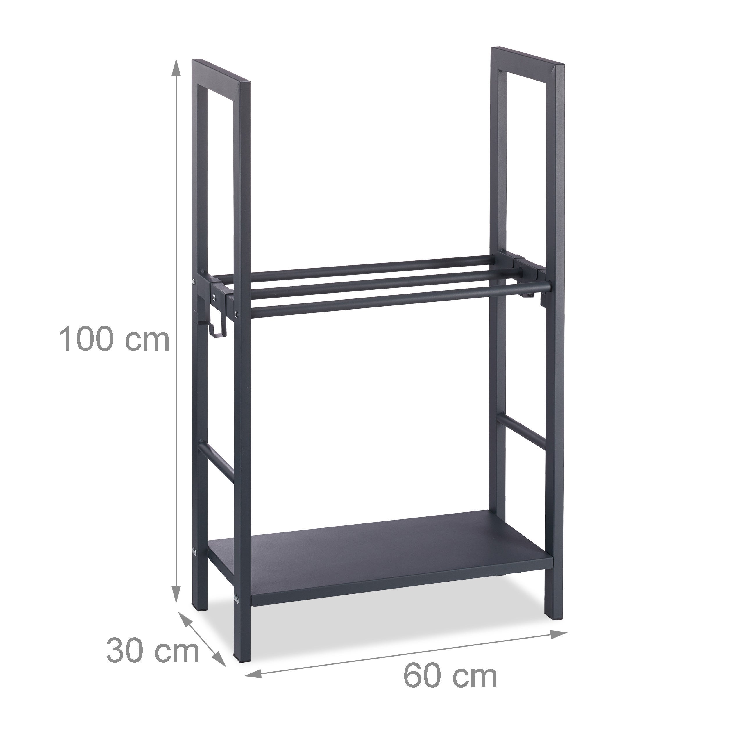 Etagère Cheminée 100x60x30 cm étagère à bûches 2 niveaux bois porte-bûches range buche 4 crochets, anthracite, Relaxdays - 4
