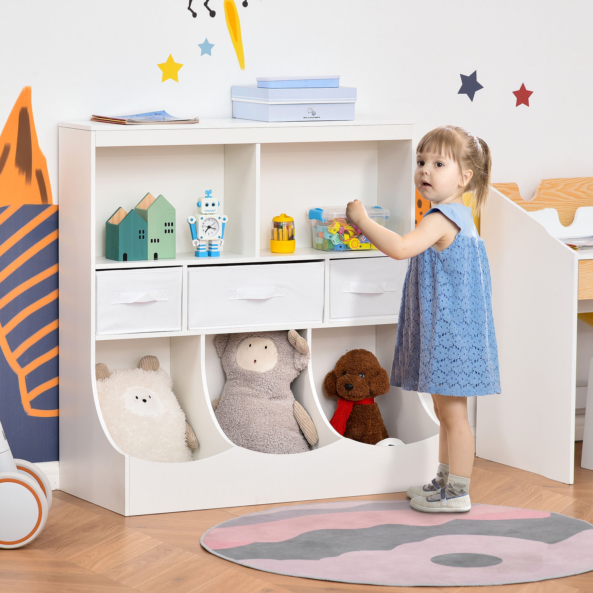 RMAN - Meuble Rangement Enfant 95cm 3 Niveaux - Avec Roulettes - Multicolore - Pour Jouets & Livres
